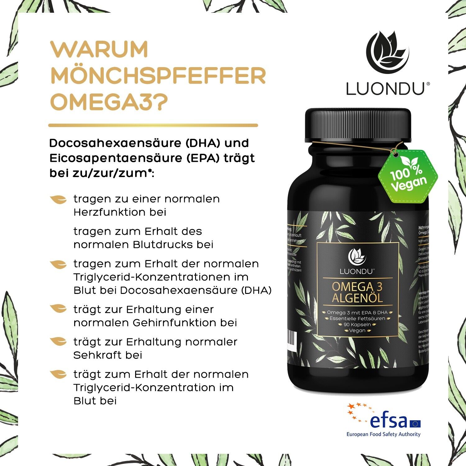 Luondu Omega 3 Algenöl Vegan 1500 mg - 90 Kapseln
