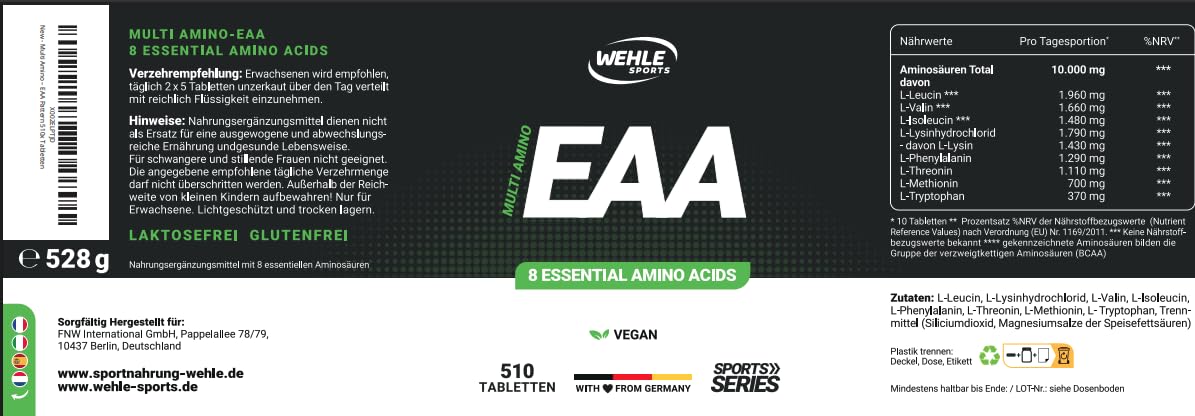 Multi Amino - EAA Pattern 510x EAA Tabletten mit je 1036 mg - Alle 8 Essentiellen Aminosäuren Komple