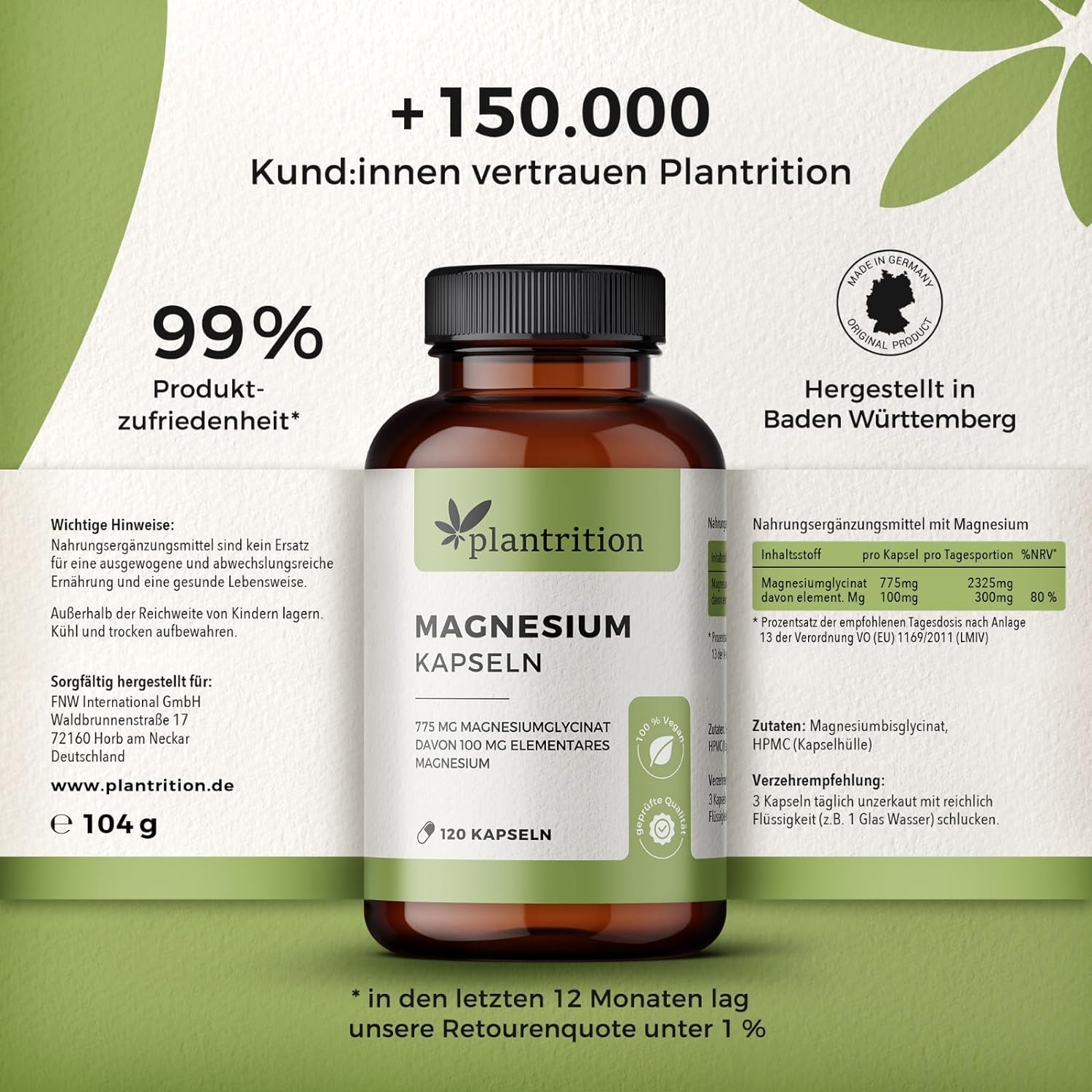 plantrition Magnesium Bisglycinat - 120 Kapseln