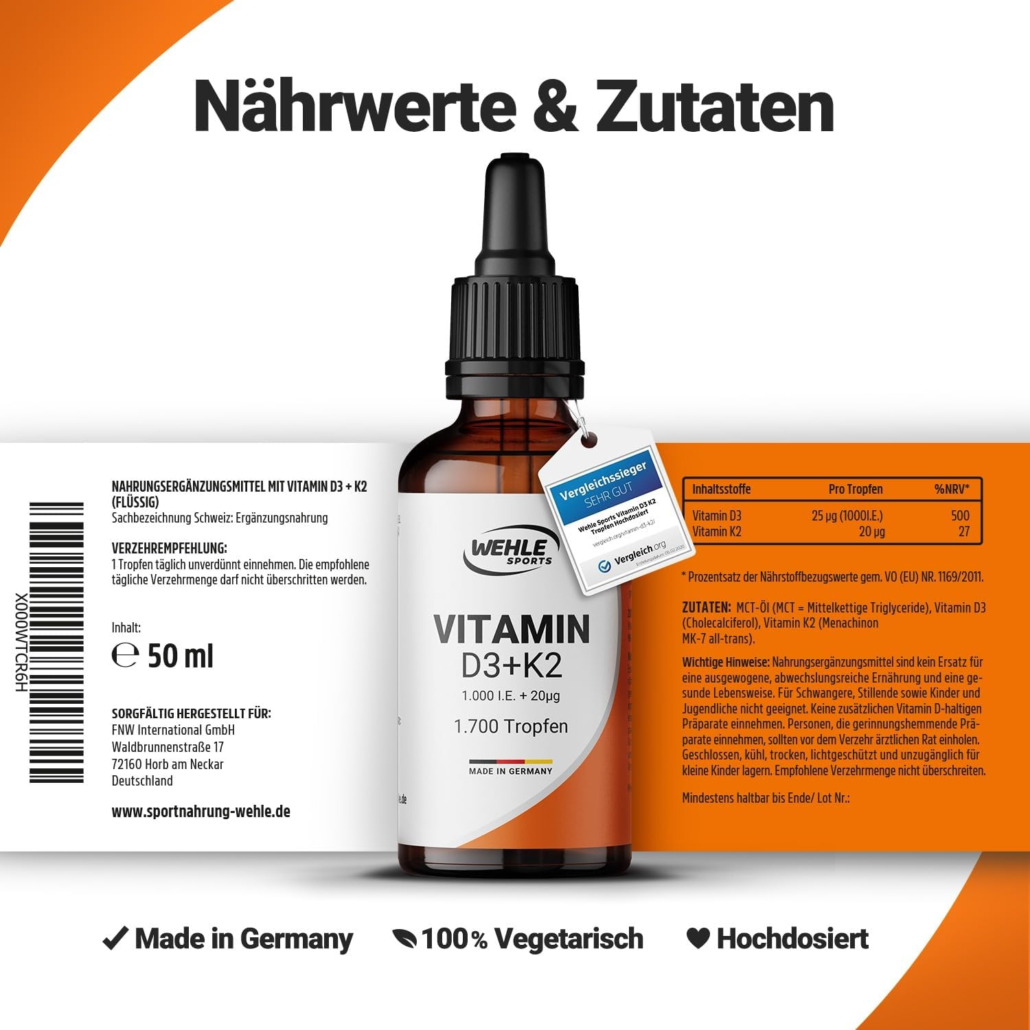 Wehle Sports Vitamin D3 K2 Tropfen - 1700 Tropfen 50ml