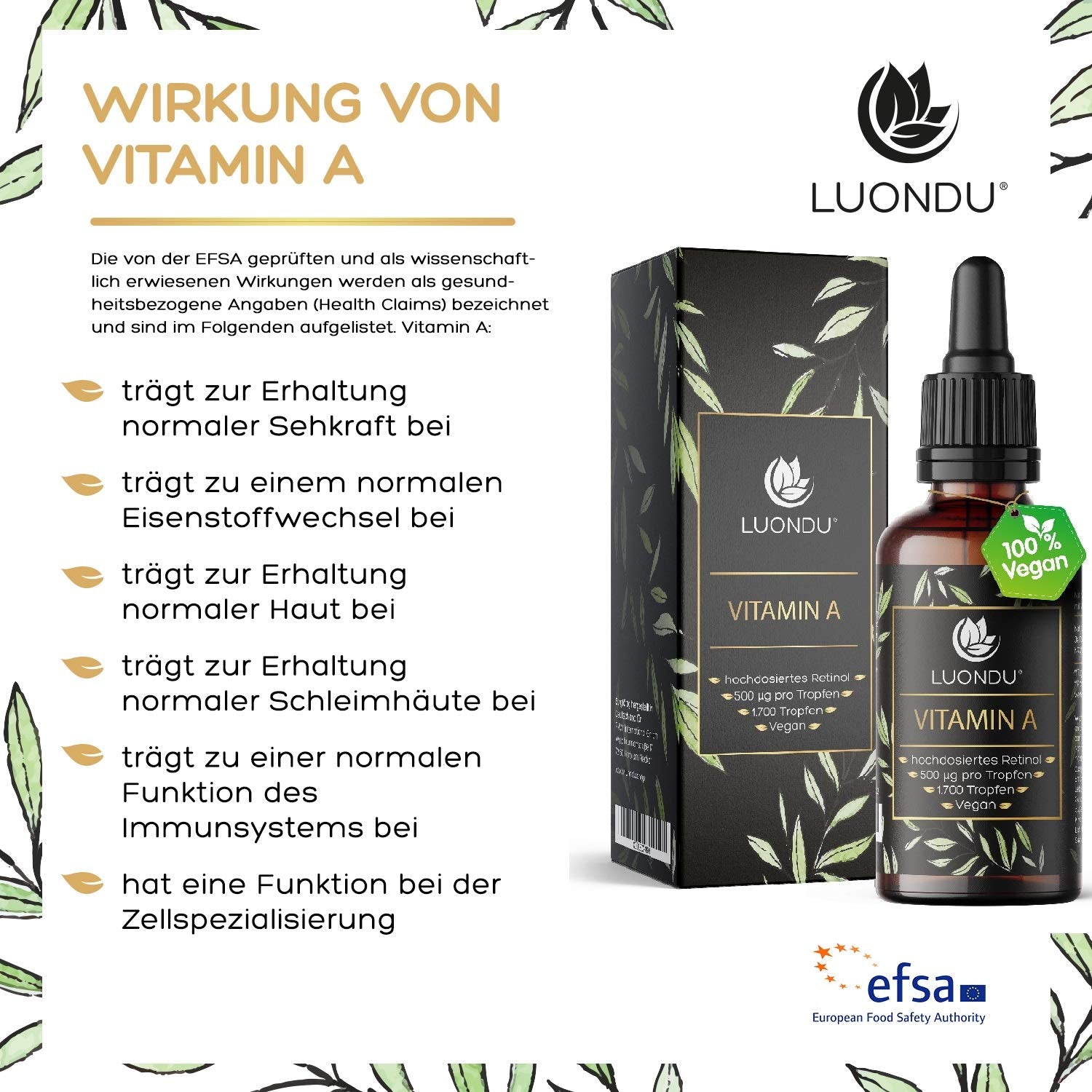 Luondu Vitamin A Tropfen hochdosiert 5000 I.E 1500µg pro Tagesdosis 50ml (1700 T Bild 3