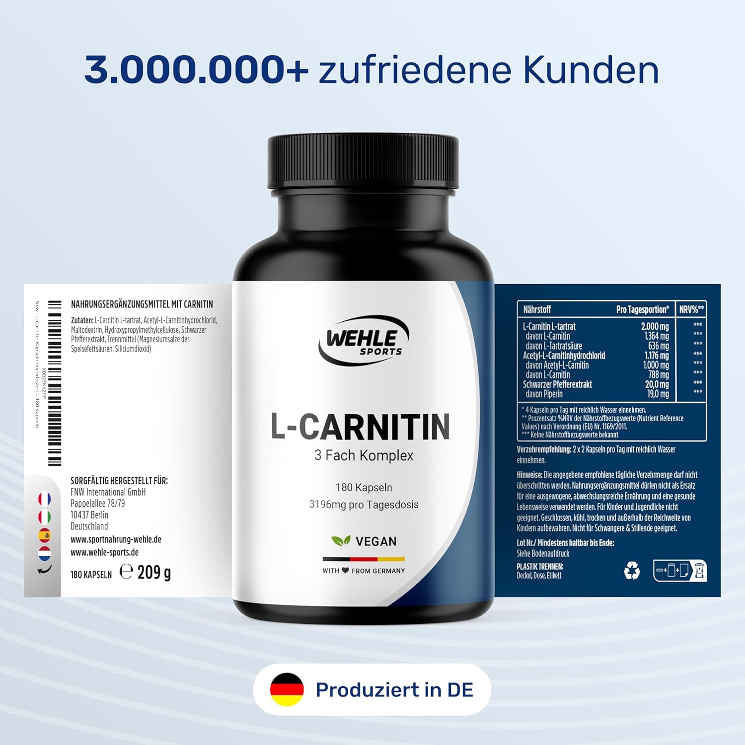 L-Carnitin Kapseln Hochdosiert 3196mg - 180 Kapseln - Komplex aus L-Carnitin-Tartrat, Acetyl