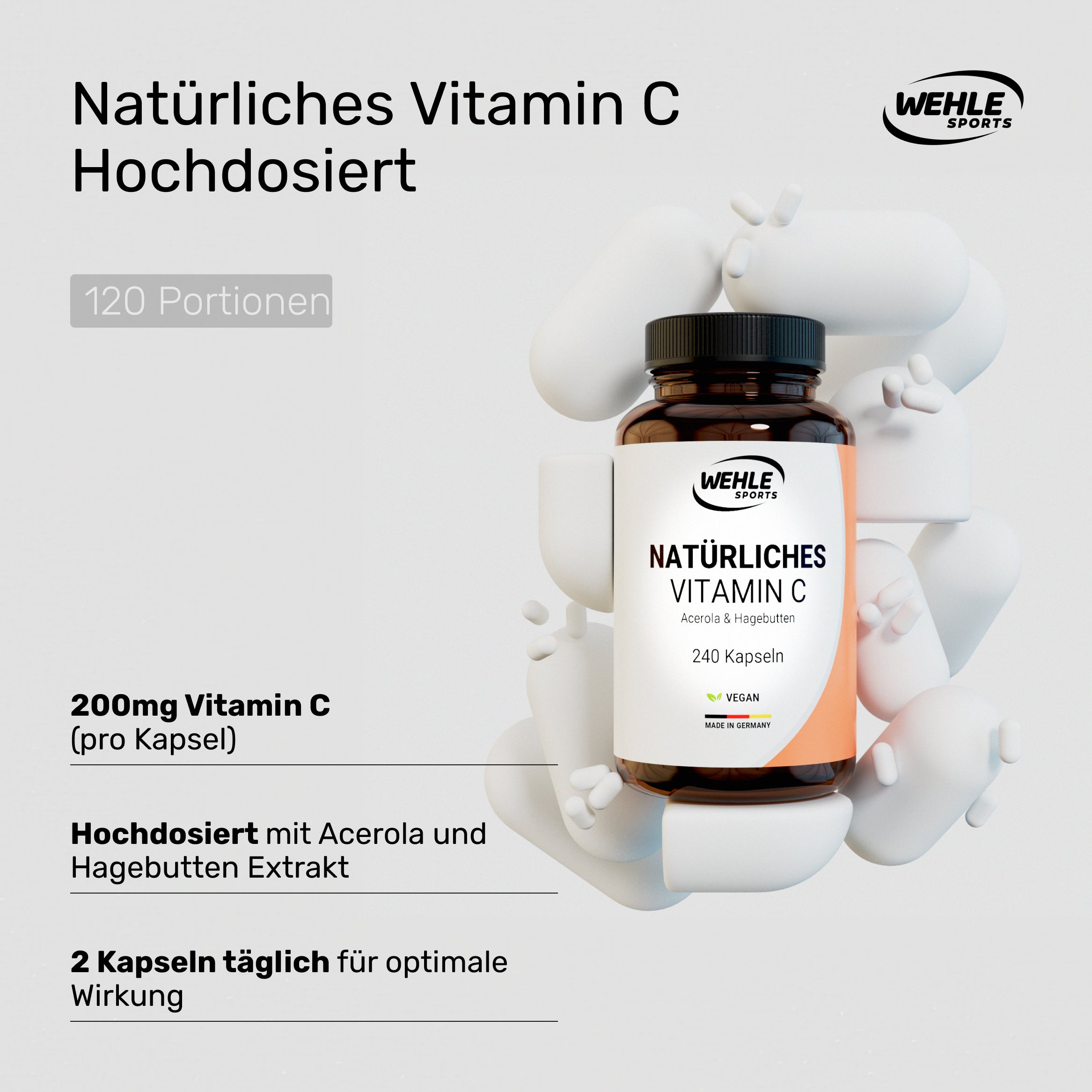Wehle Sports natürliches Vitamin C Acerola Extrakt Hagebutten Extrakt - 240 Kapseln