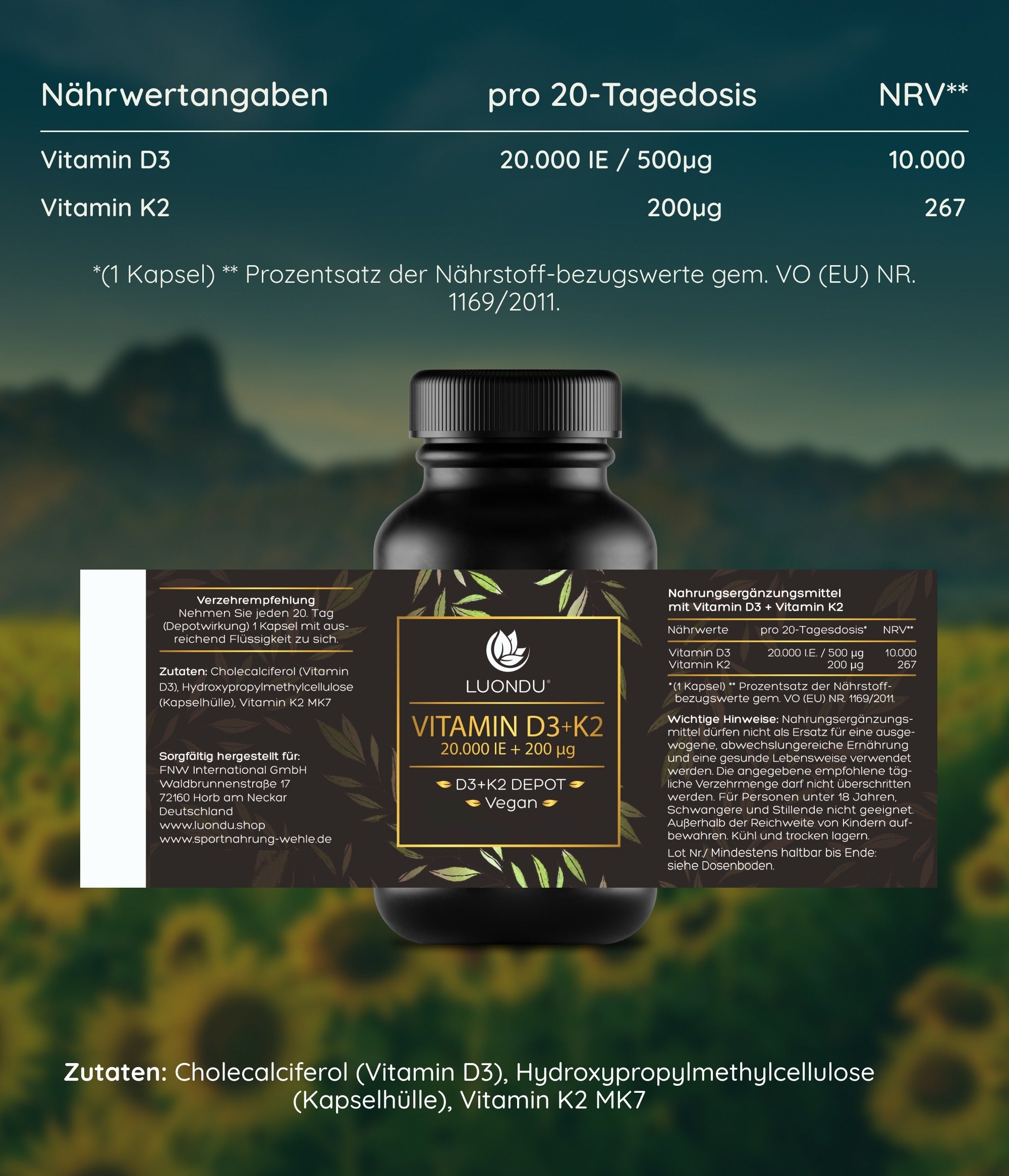 Luondu Vitamin D3 20.000 I.E + K2 MK7 200 mcg Depot - 30 Kapseln