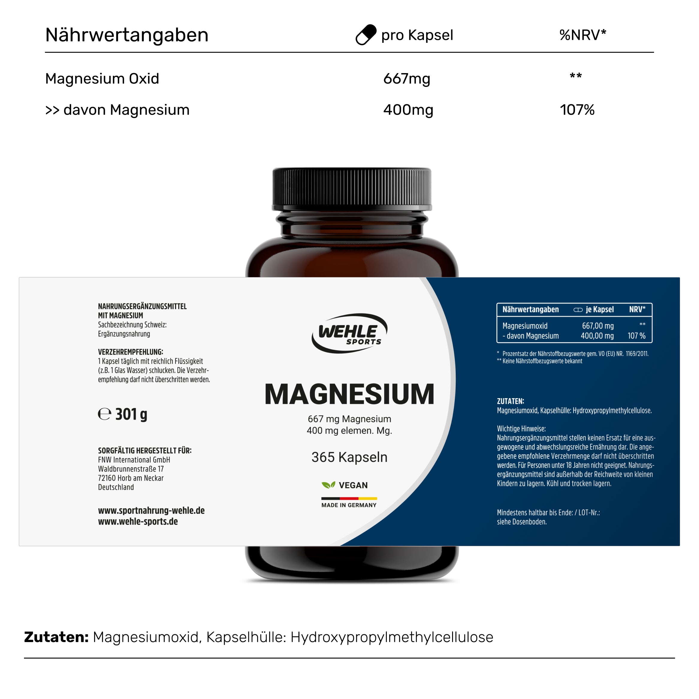 Magnesium 400mg Kapseln hochdosiert 667mg je Kapsel - 365 Kapseln