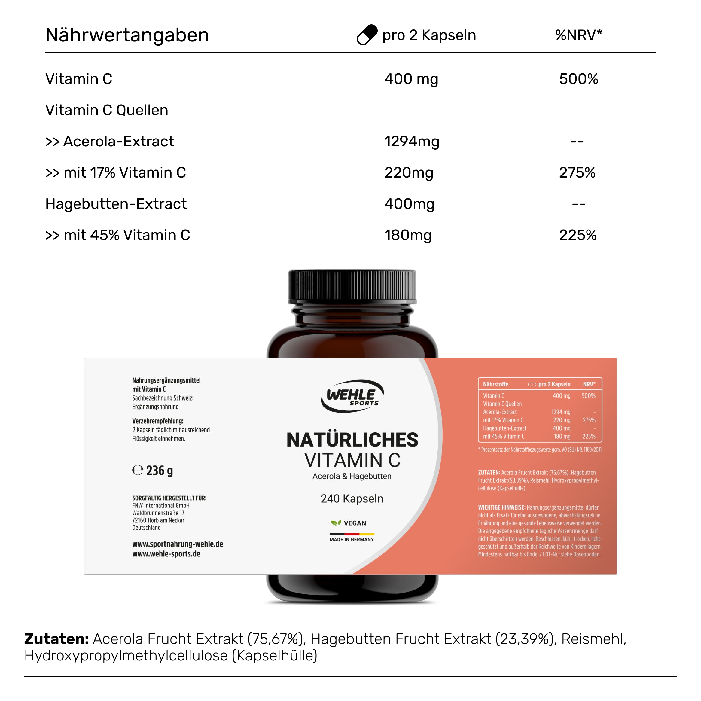 Wehle Sports natürliches Vitamin C Acerola Extrakt Hagebutten Extrakt - 240 Kapseln