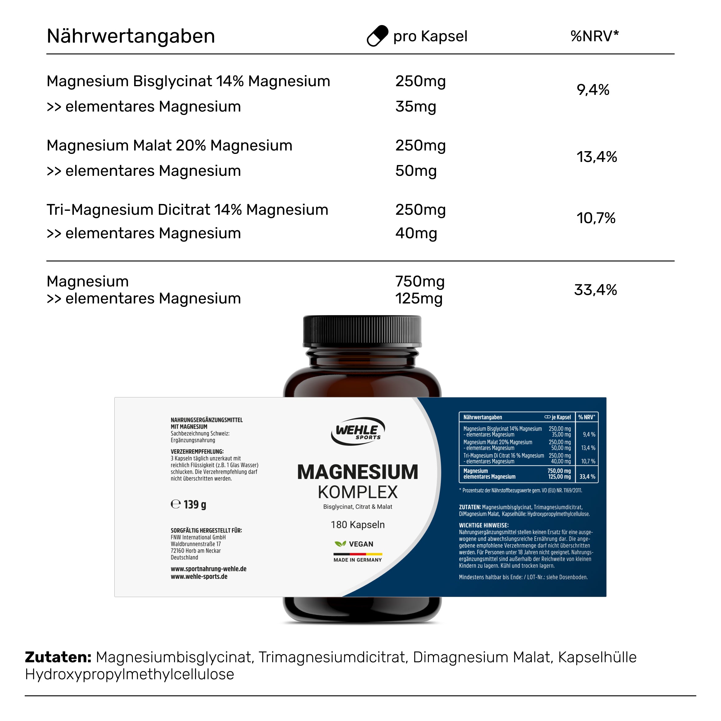 Magnesium Komplex hochdosiert mit Bisglycinat, Malat, Citrat
