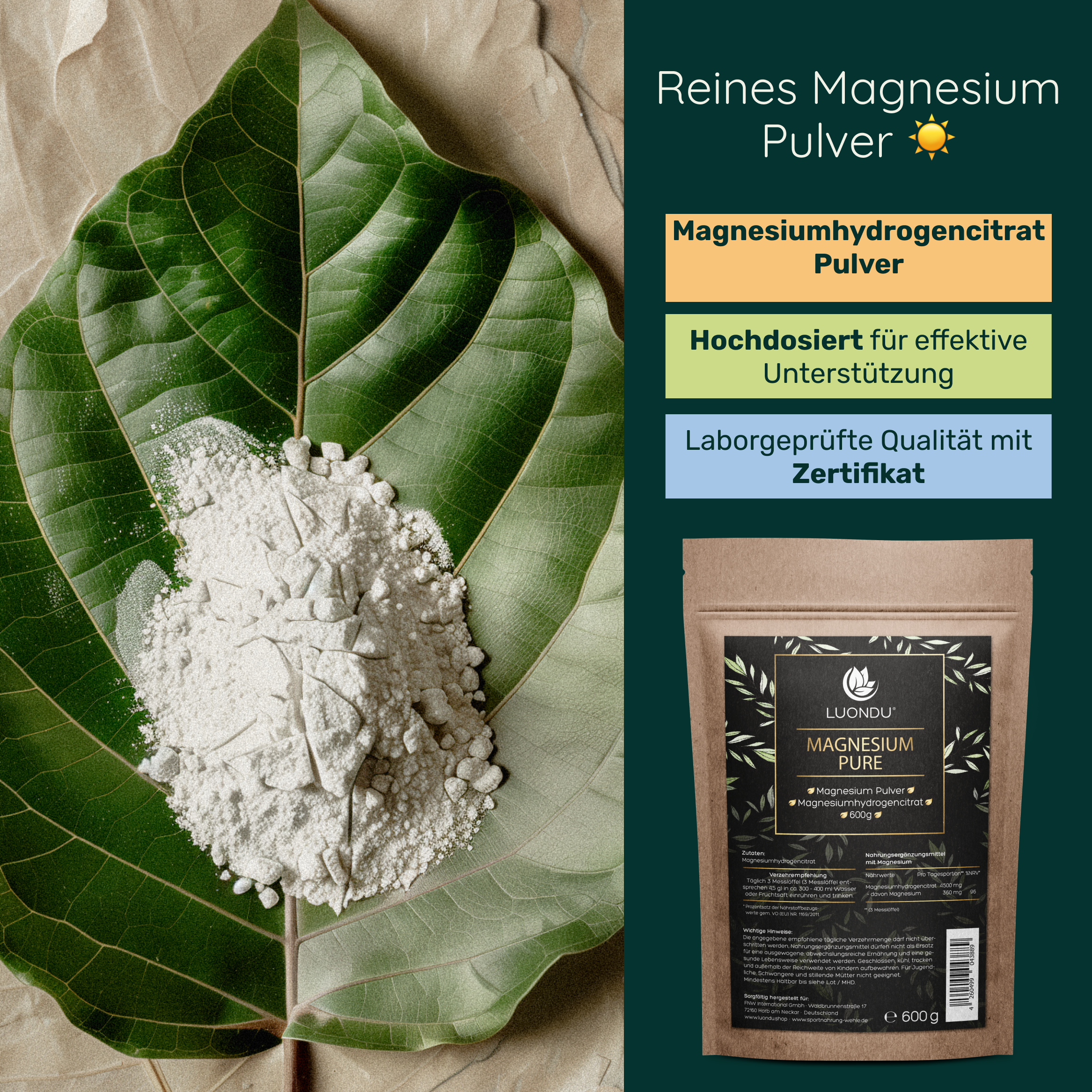 Luondu Magnesium Pure Pulver - 600g