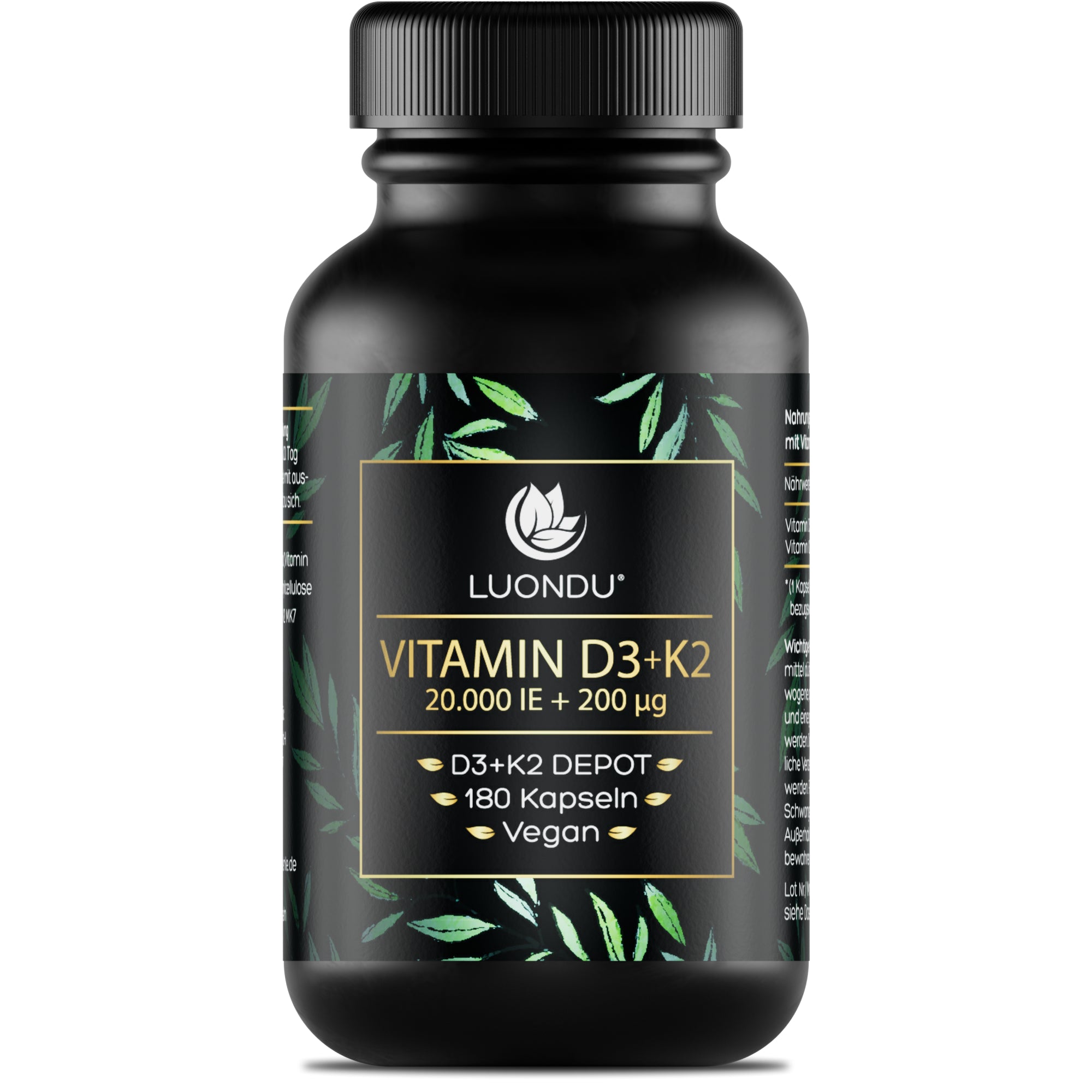 Luondu Vitamin D3 20.000 I.E + K2 MK7 200 mcg Depot Hochdosiert - 180 Vegane Kapseln