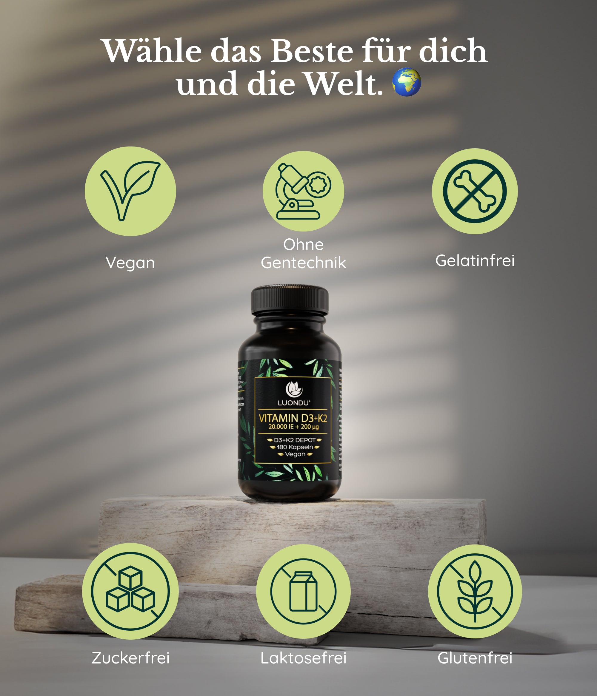 Luondu Vitamin D3 20.000 I.E + K2 MK7 200 mcg Depot Hochdosiert - 180 Vegane Kapseln