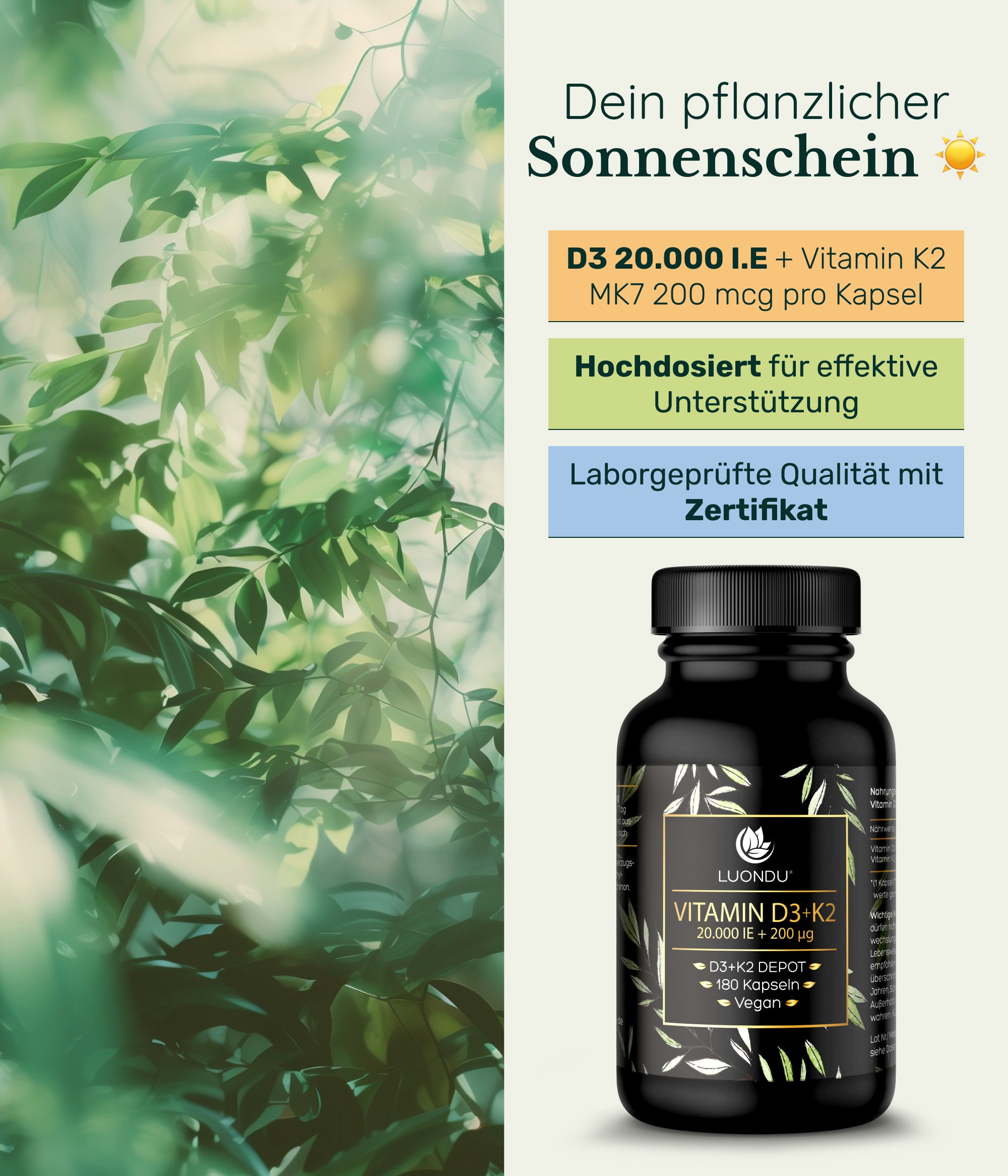 Luondu Vitamin D3 20.000 I.E + K2 MK7 200 mcg Depot Hochdosiert - 180 Vegane Kapseln