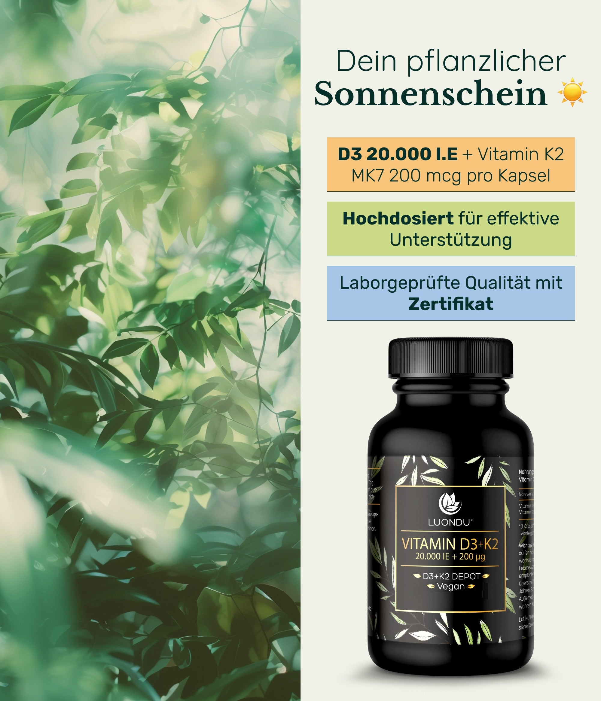 Luondu Vitamin D3 20.000 I.E + K2 MK7 200 mcg Depot - 30 Kapseln
