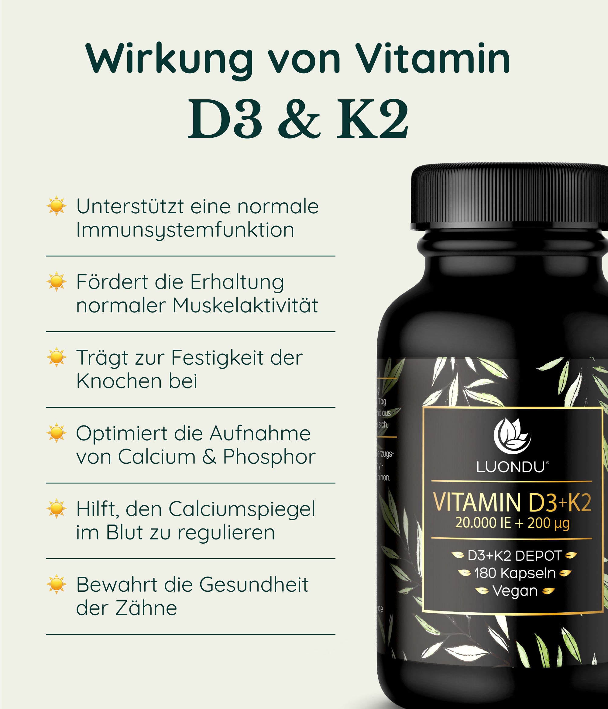 Luondu Vitamin D3 20.000 I.E + K2 MK7 200 mcg Depot Hochdosiert - 180 Vegane Kapseln