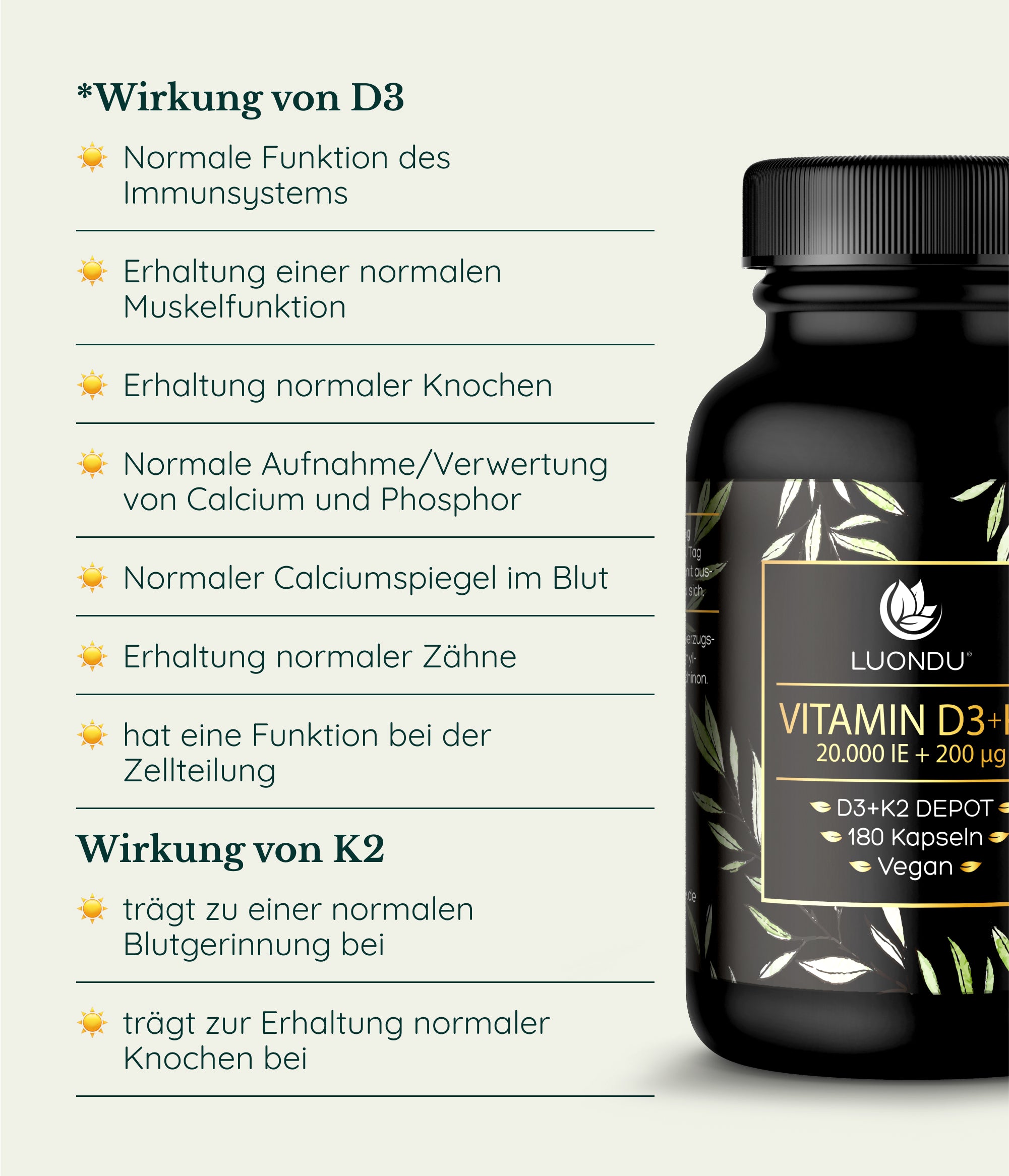 Luondu Vitamin D3 20.000 I.E + K2 MK7 200 mcg Depot Hochdosiert - 180 Vegane Kapseln