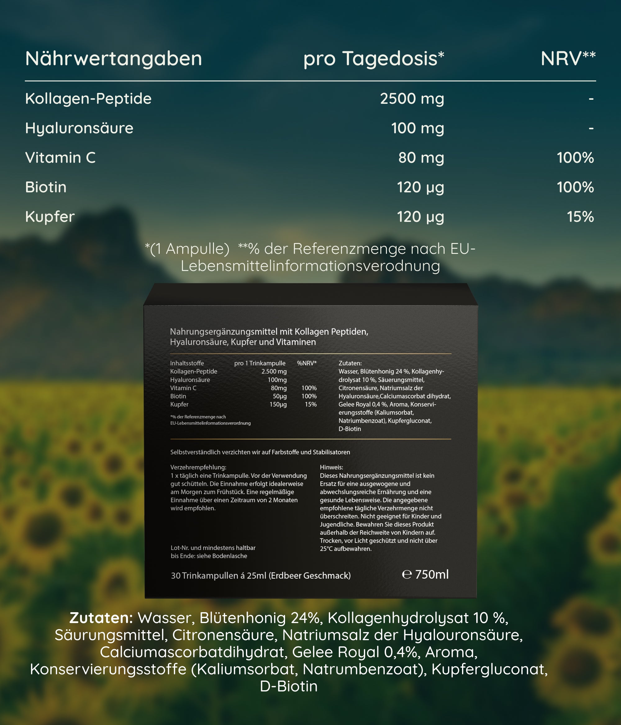 Luondu Beauty Kollagen - 30 Trinkampullen Kollagen-Pepide, Hyaluron, Biotin+Kupfer