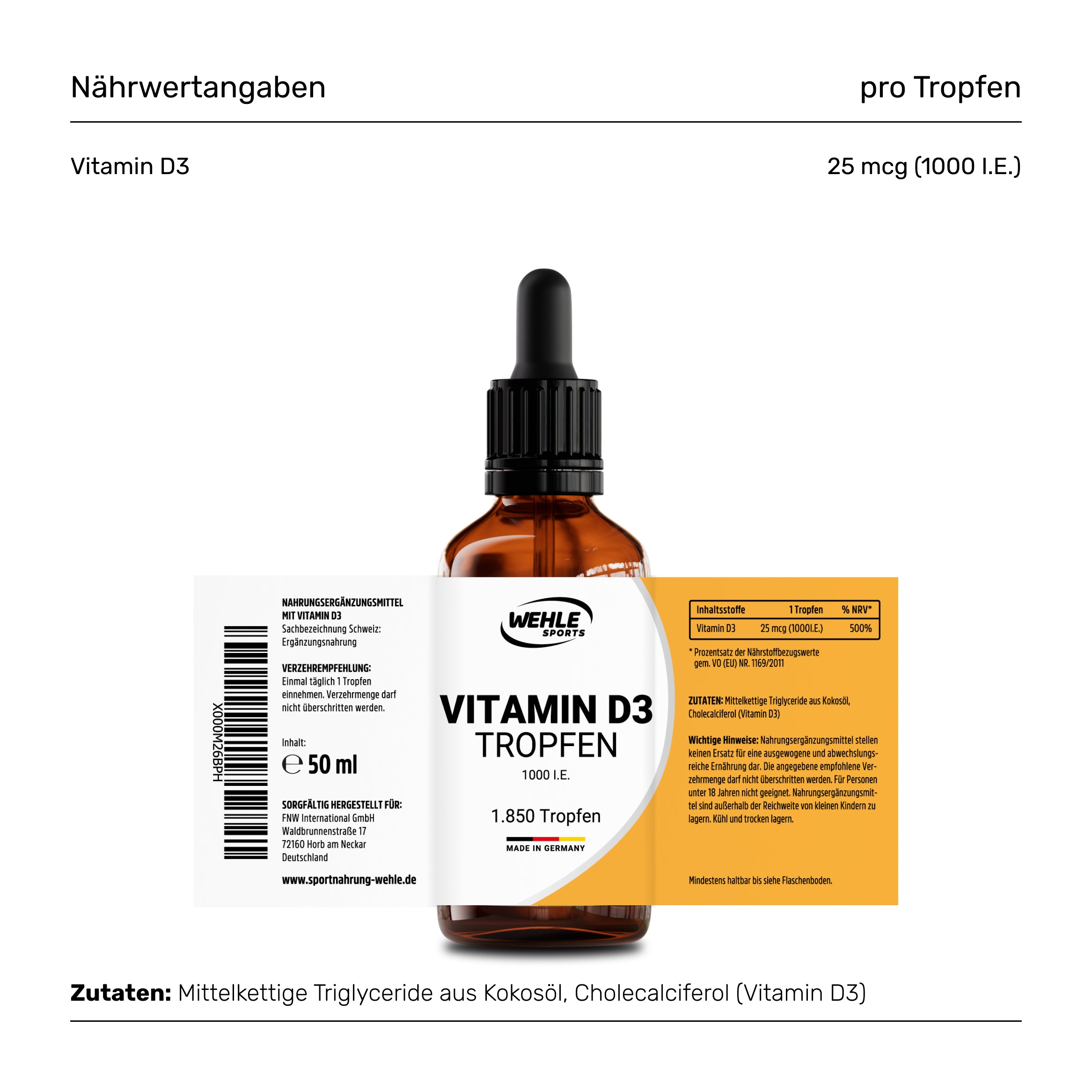 Vitamin D3 Tropfen 1000 I.E. pro Tropfen - 1850 Tropfen (50ml)