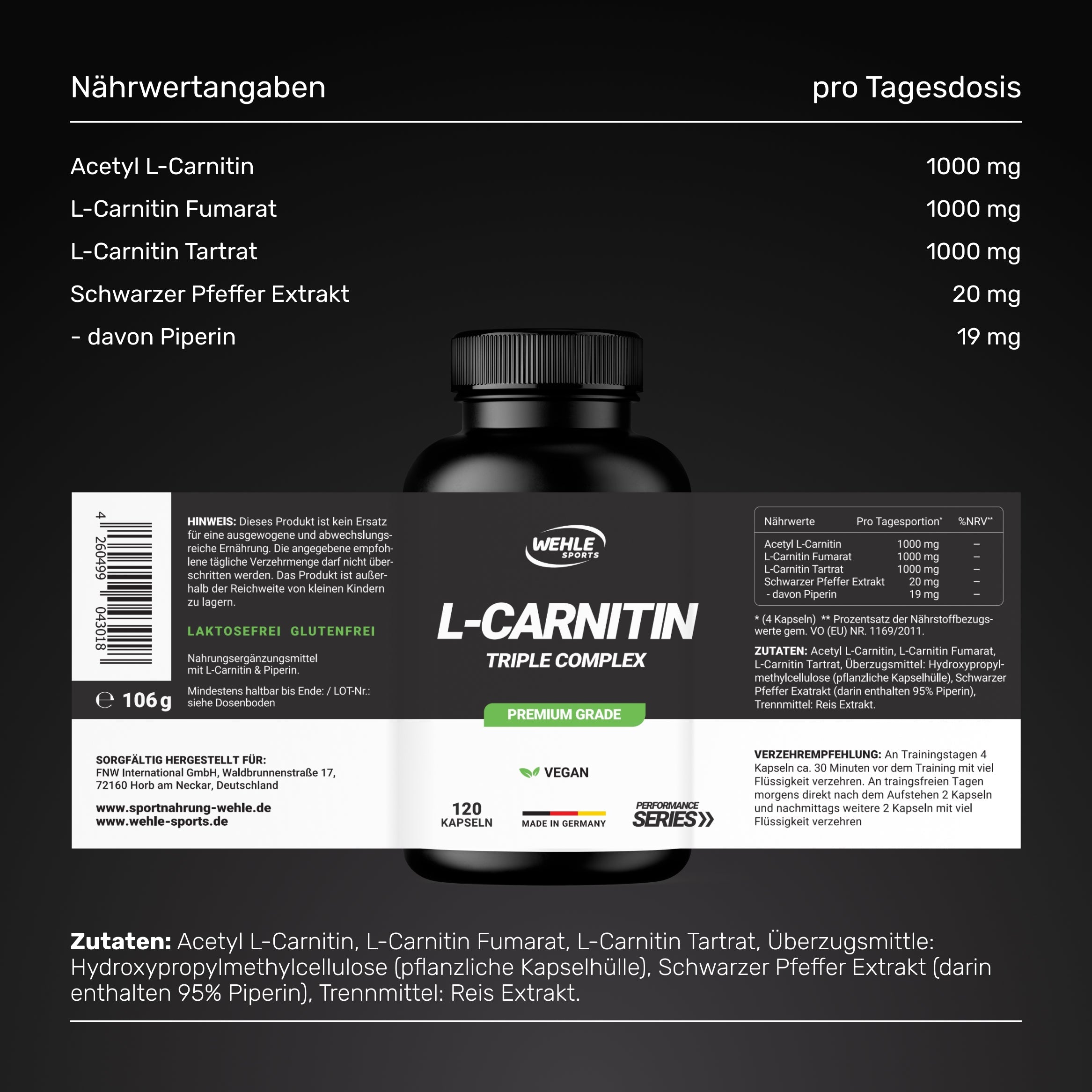 Wehle L-CARNITIN TRIPLE 3000 mg COMPLEX Acetyl Tartrat Fumarat - 120 Kapseln