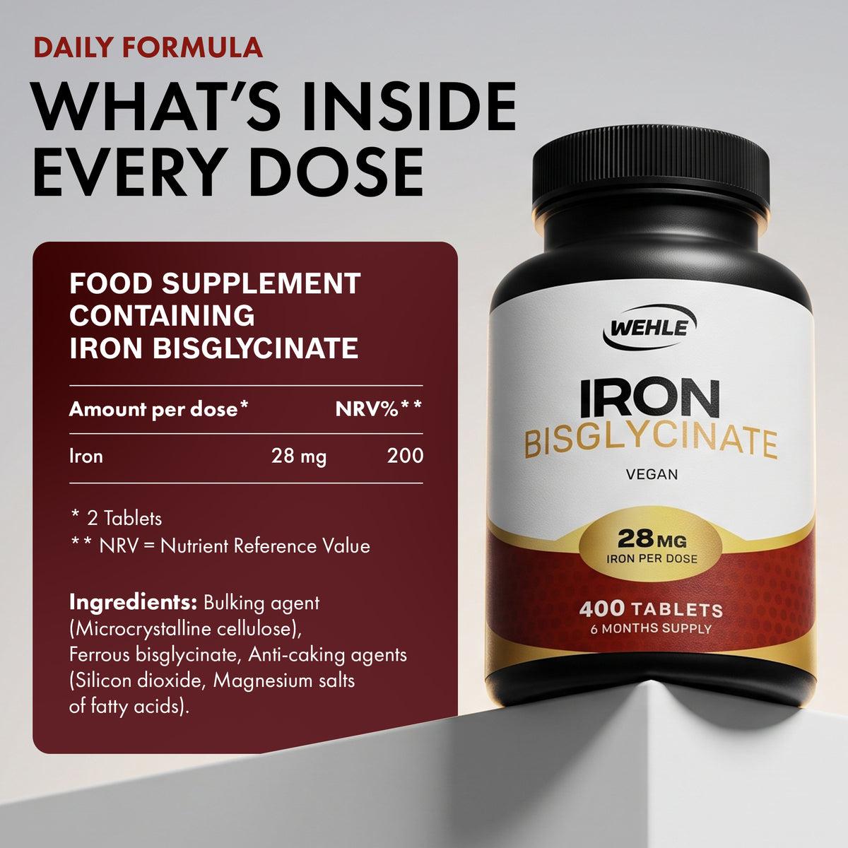 Iron Tablets as Bisglycinate 28mg, 400 Vegan Tablets, 6 Month Supply - Gentle Iron Supplements for Women and Men I Ferrous Bisglycinate