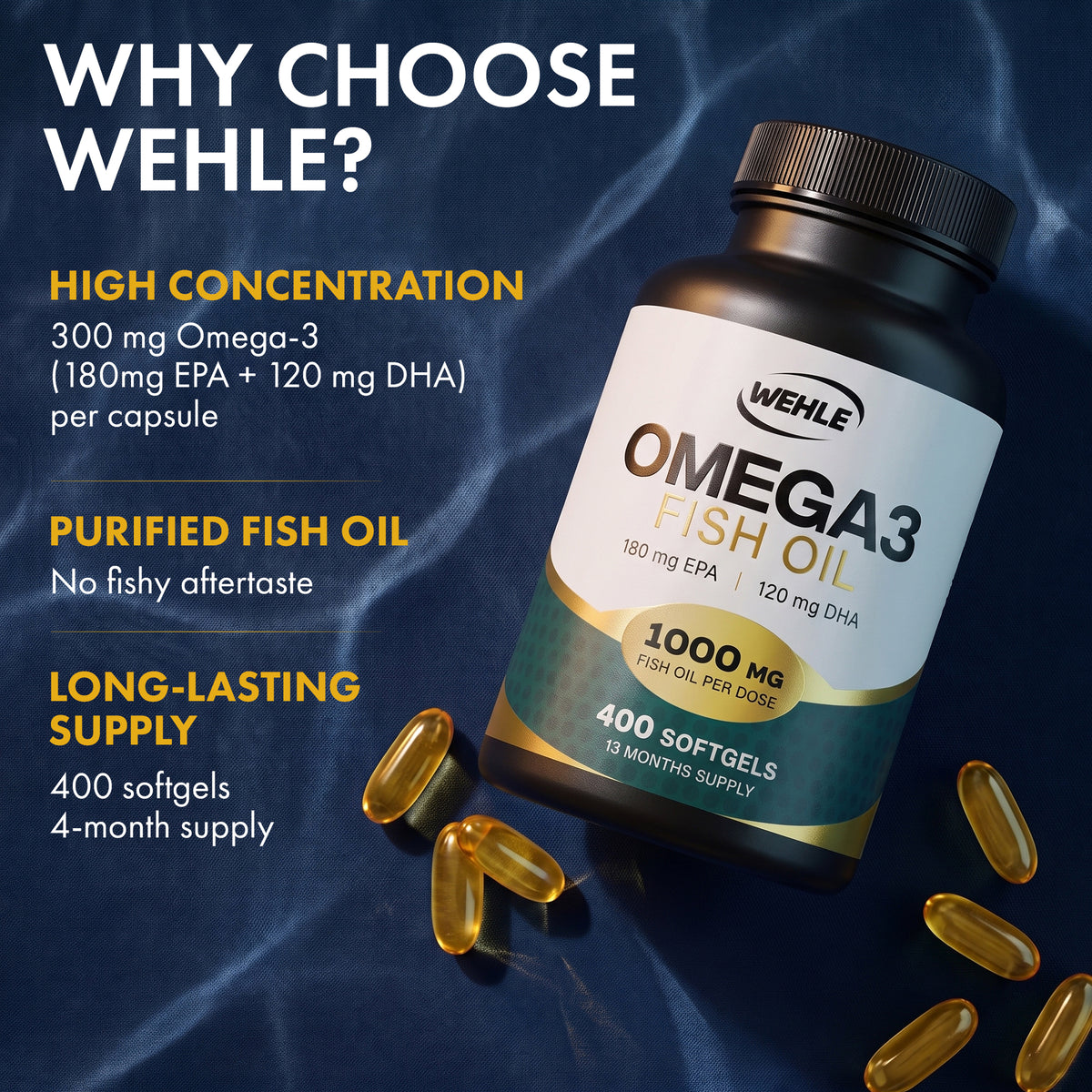WEHLE Omega 3 Fish Oil Capsules High Strength 1000mg, 400 Softgels