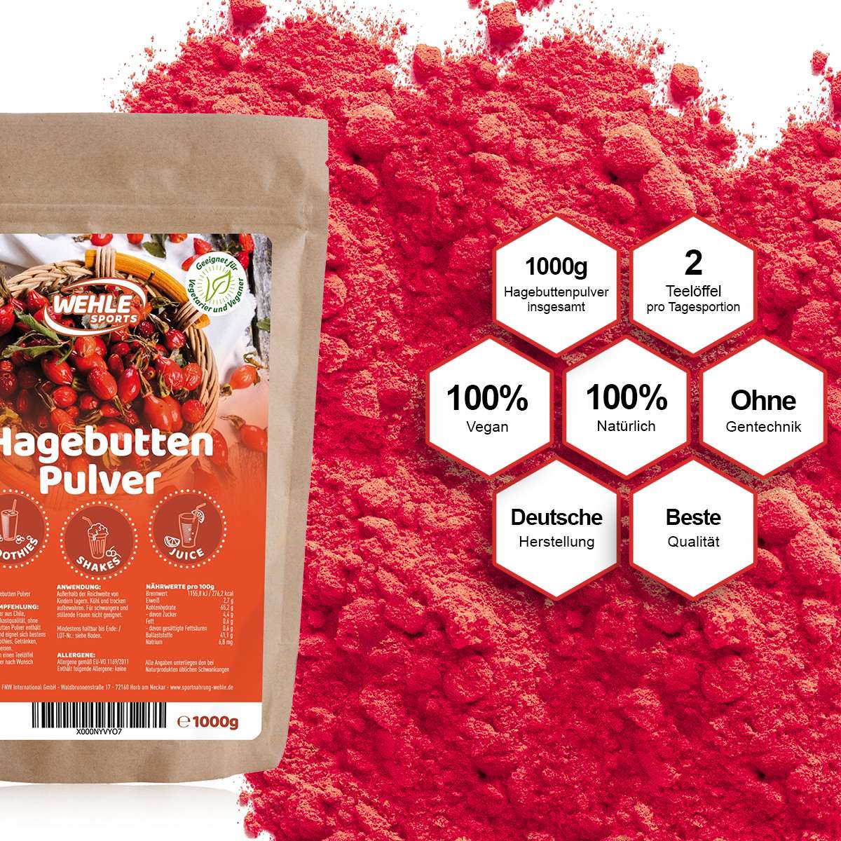 Wehle Sports BIO Hagebuttenpulver (natürliches Vitamin C) - 1kg