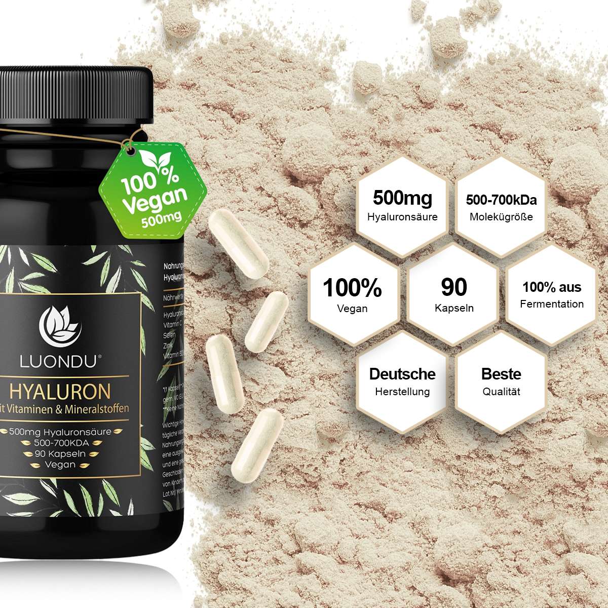 Luondu Hyaluronsäure 500mg Vitaminen & Mineralstoffen - 90 Kapseln