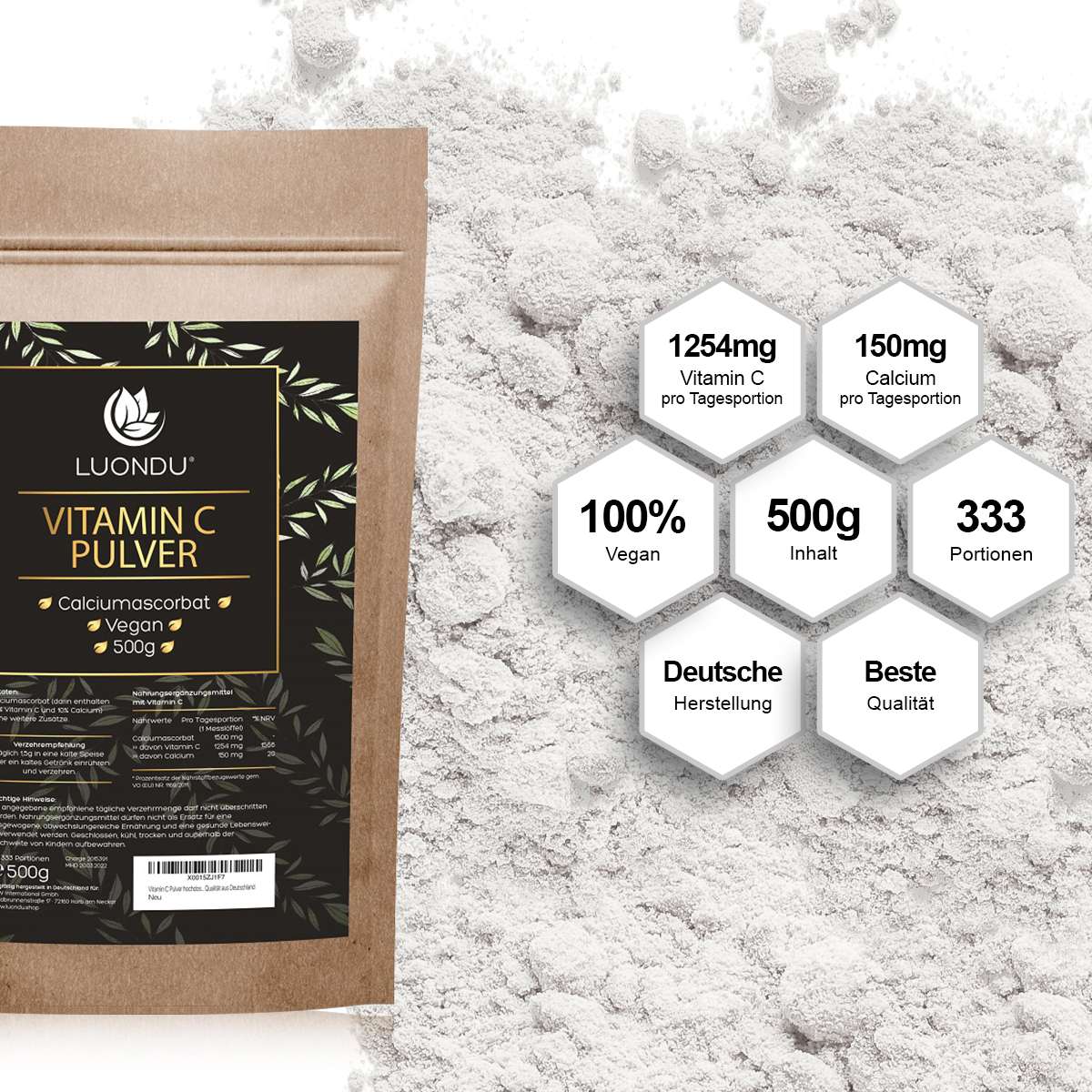 Luondu Vitamin C Gepuffert Pulver hochdosiert als Calciumascorbat - 500g