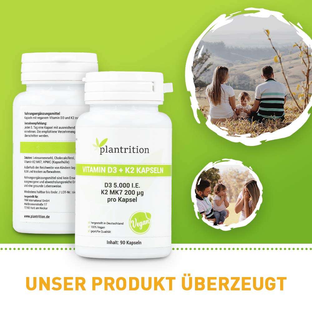 plantrition Vitamin D3 K2 5000 IE + 200mcg - 90 Kapseln