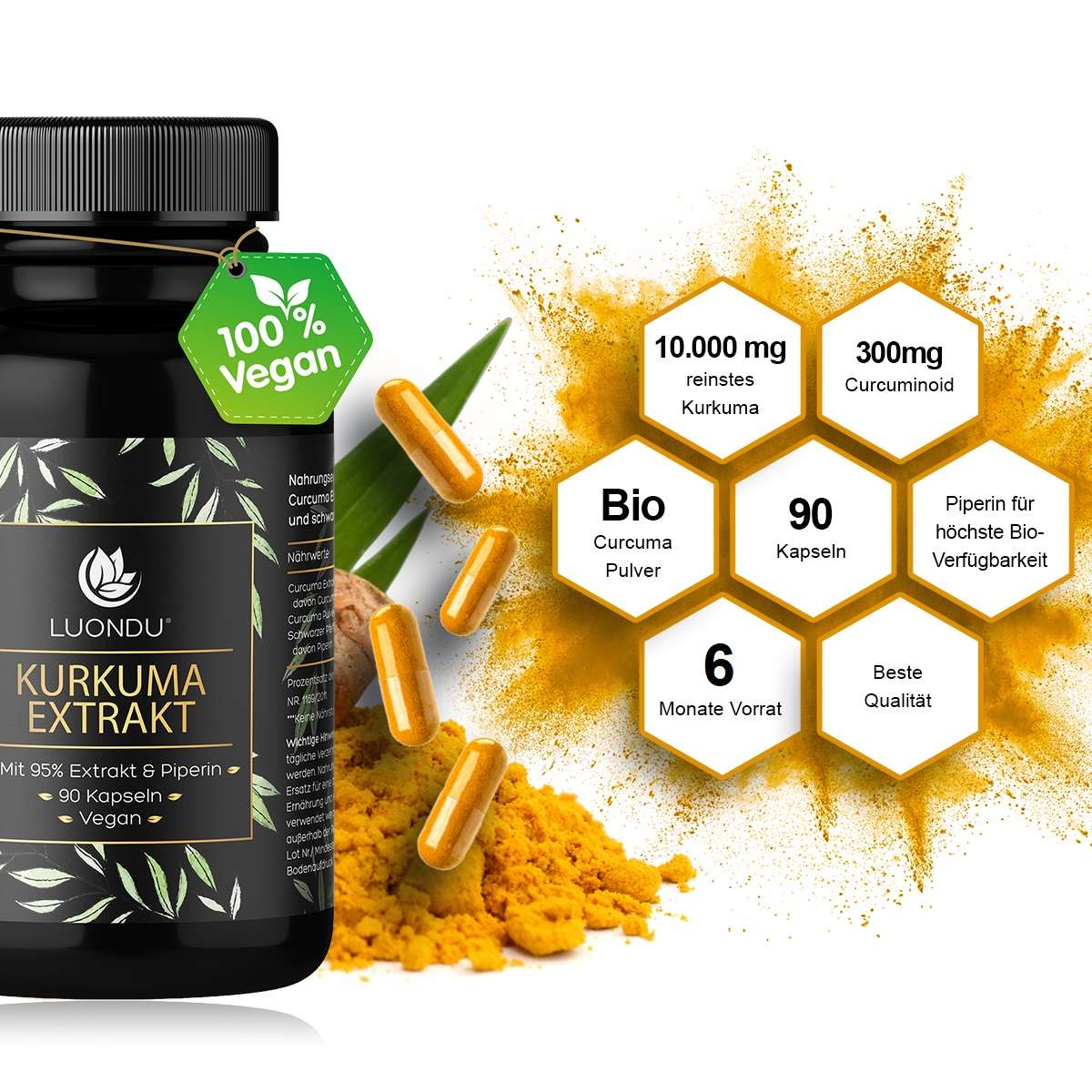 Luondu Curcuma Extrakt Kurkuma Pulver + Piperin - 90 Kapseln