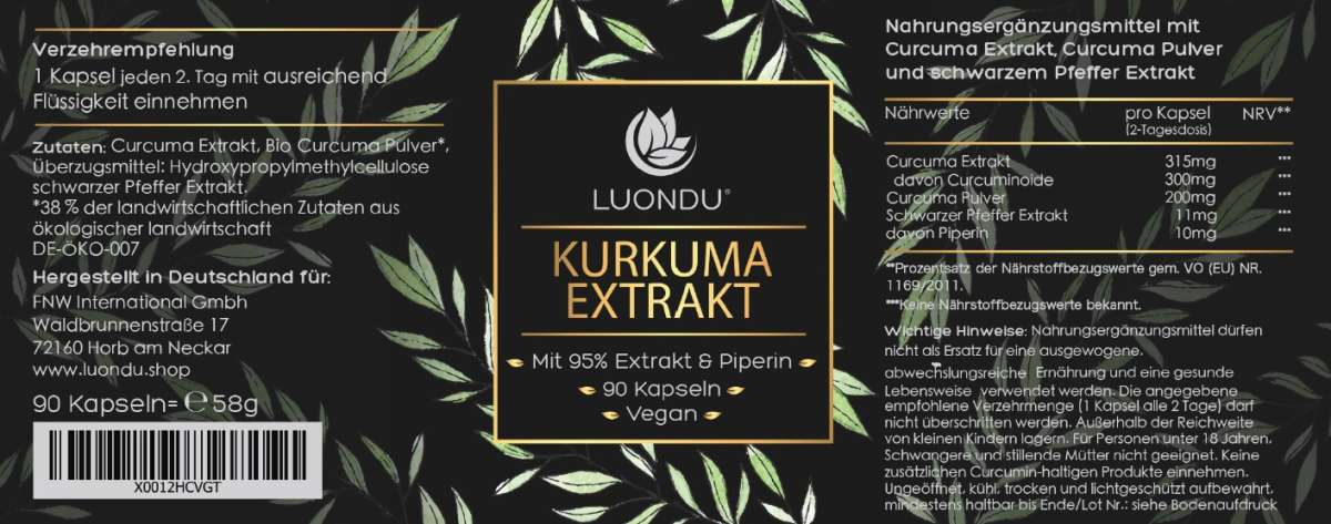 Luondu Curcuma Extrakt Kurkuma Pulver + Piperin - 90 Kapseln