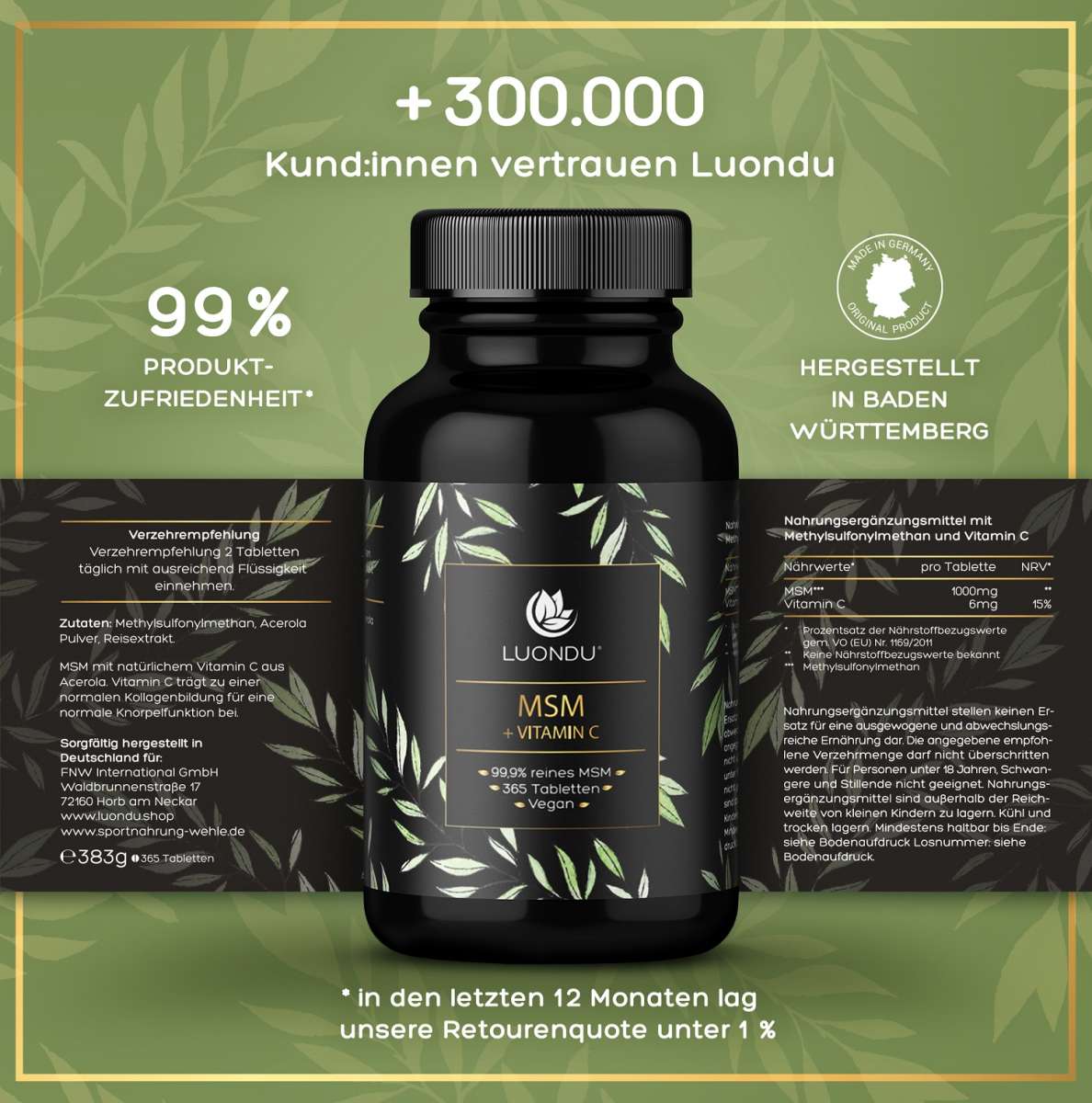 Luondu MSM Tabletten organischer Schwefel + Vitamin C - 365 Tabletten