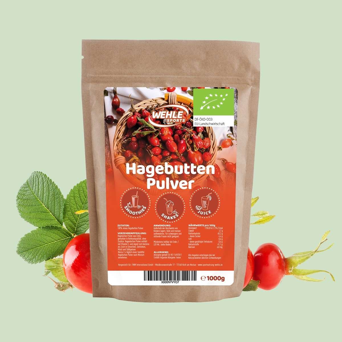 Wehle Sports BIO Hagebuttenpulver (natürliches Vitamin C) - 1kg