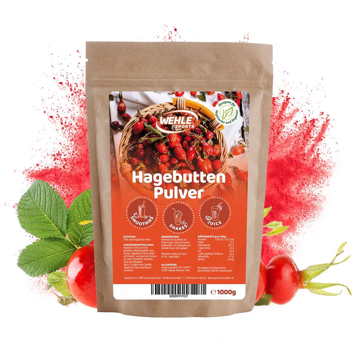 Wehle Sports BIO Hagebuttenpulver (natürliches Vitamin C) - 1kg