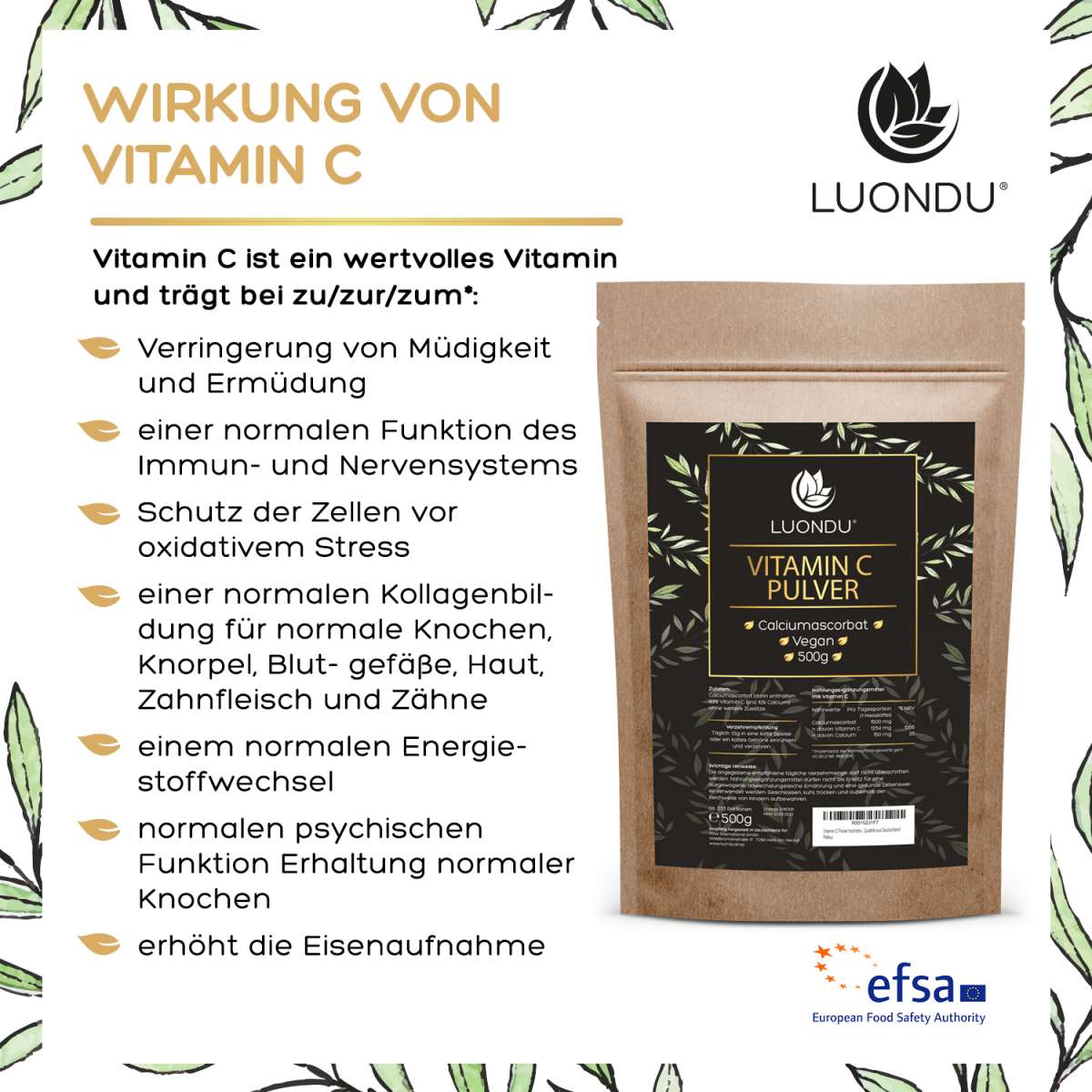 Luondu Vitamin C Gepuffert Pulver hochdosiert als Calciumascorbat - 500g