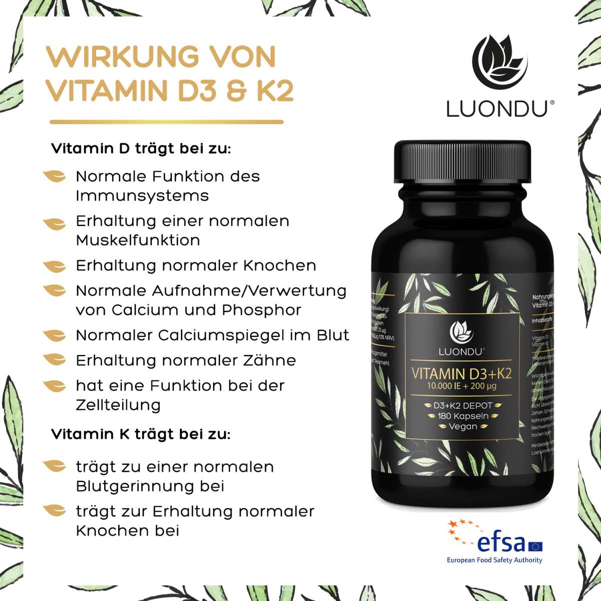 Luondu Vitamin D3 10.000 I.E + K2 MK7 200 mcg Depot Hochdosiert - 180 Vegane Kapseln