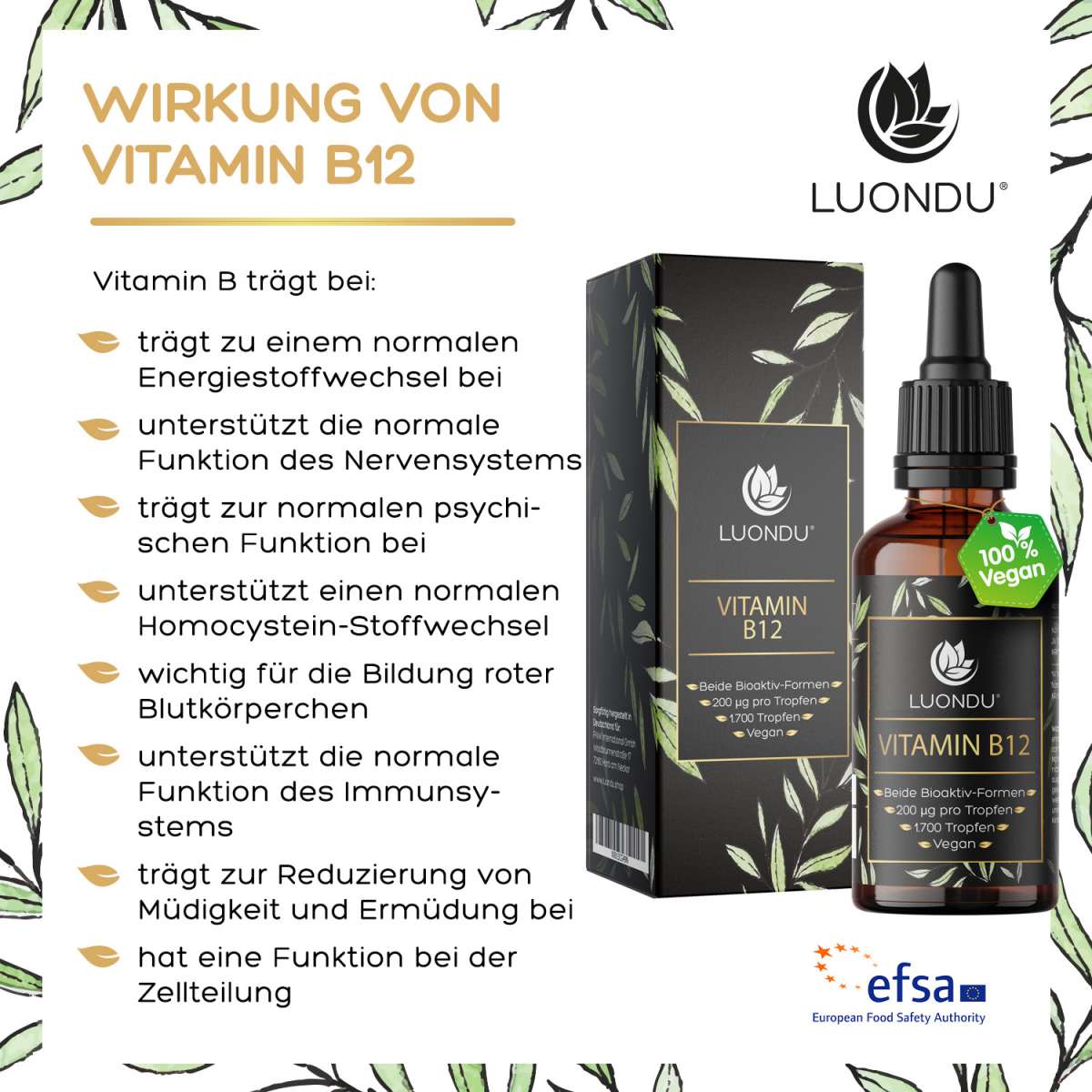 Luondu Vitamin B12 Tropfen flüssig 200µg pro Tropfen - 50ML
