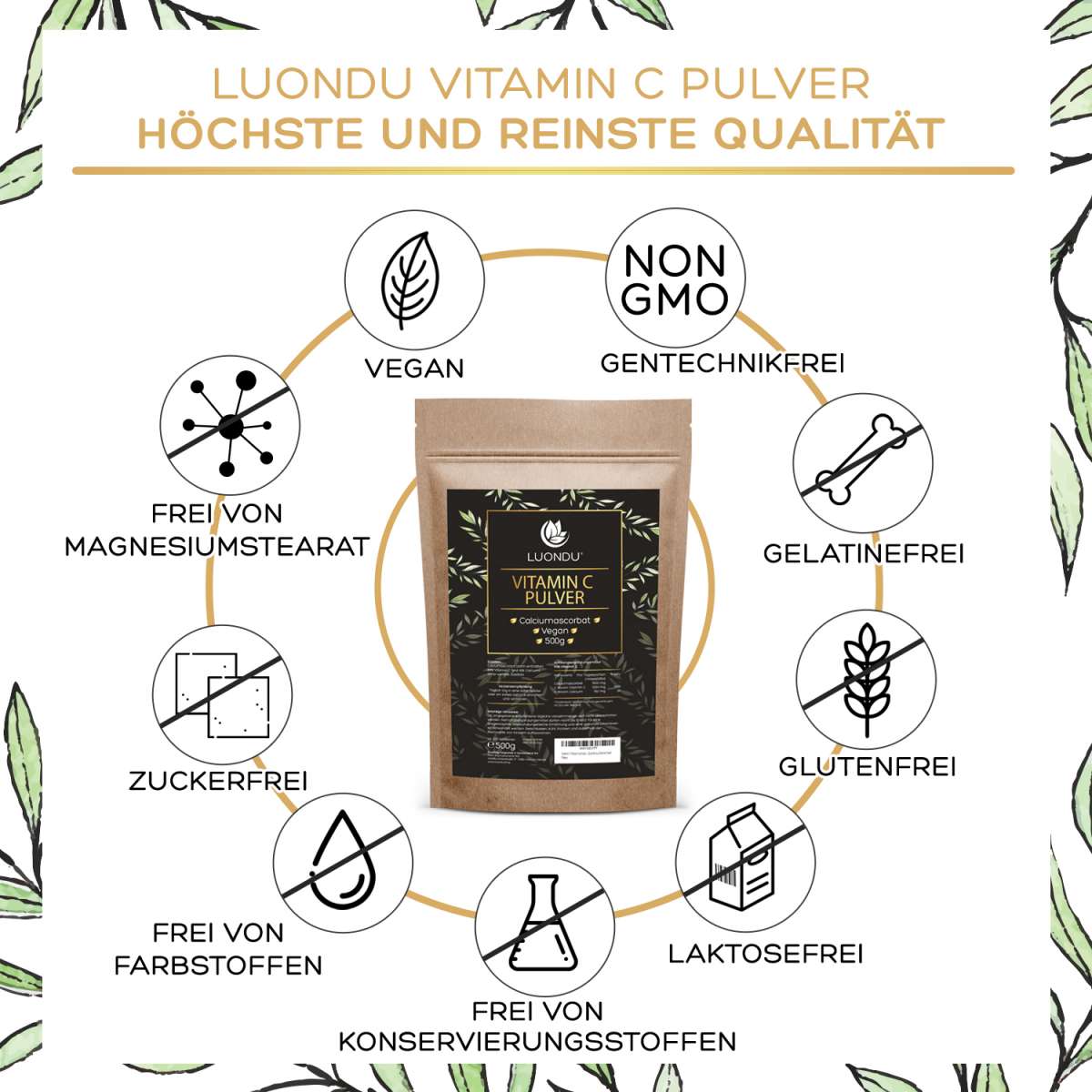 Luondu Vitamin C Gepuffert Pulver hochdosiert als Calciumascorbat - 500g