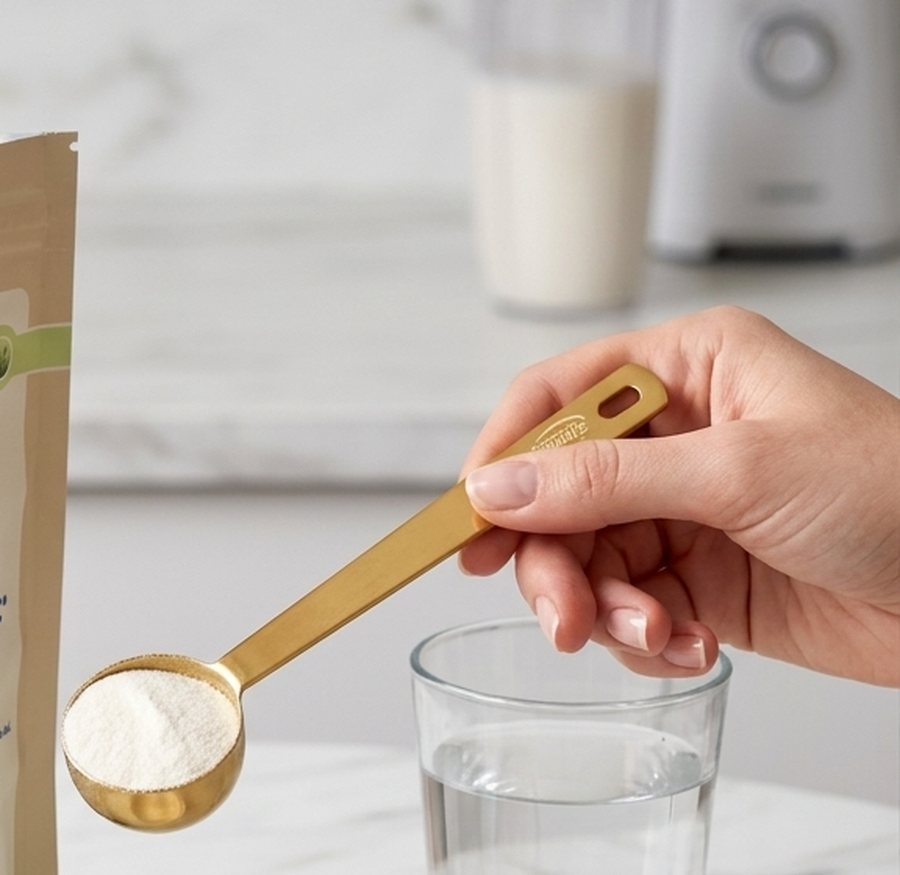 One level 10 g scoop of Knorpel Komplex on the gold Wehle measuring spoon, held above a glass of water.