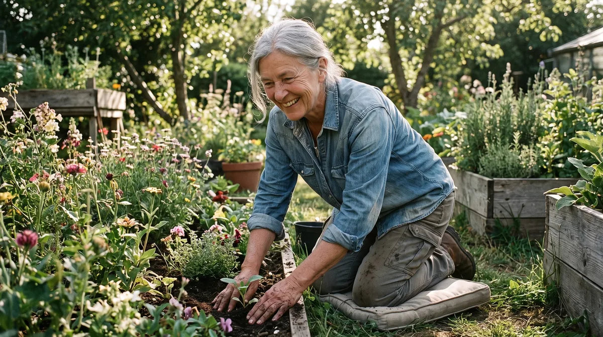 An older woman kneeling to tend a flower bed in her garden