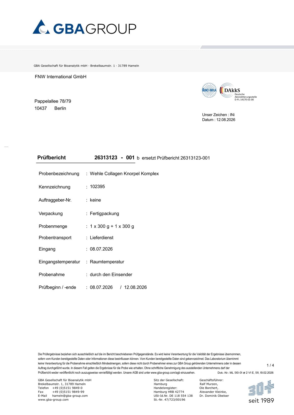 Page 1 of the GBA laboratory test report — sample identity, 300 g Wehle Collagen Knorpel Komplex