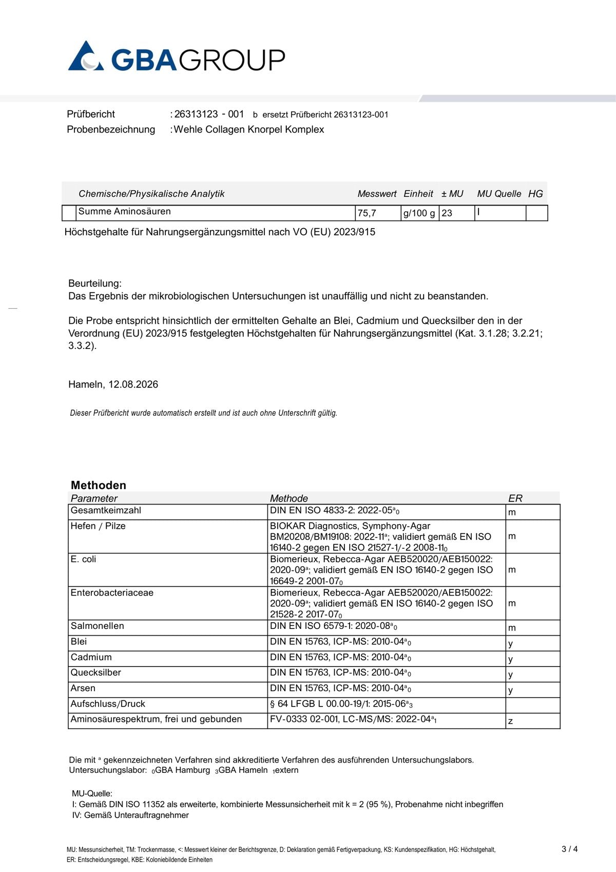 Page 3 of the GBA laboratory test report — methods and the laboratory’s own conclusion