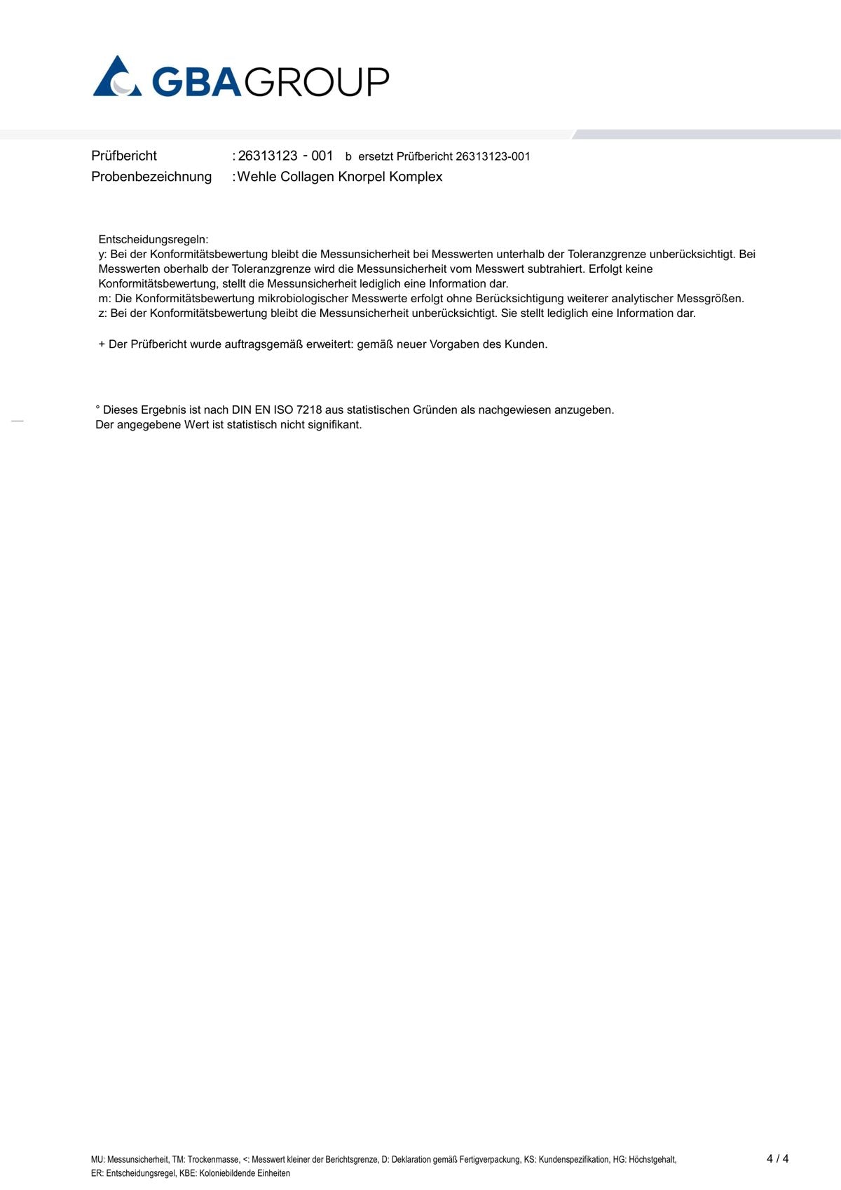Page 4 of the GBA laboratory test report — decision rules and abbreviations