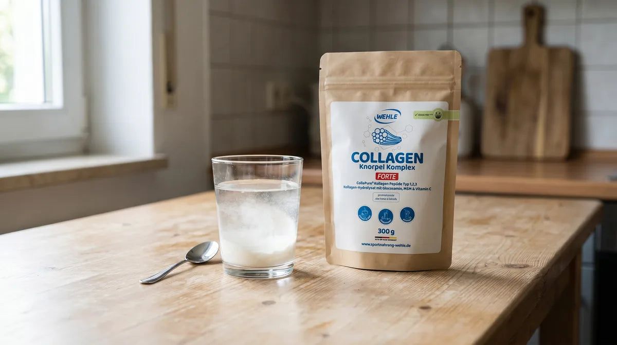 A Knorpel Komplex pouch and a prepared glass of water on a kitchen table