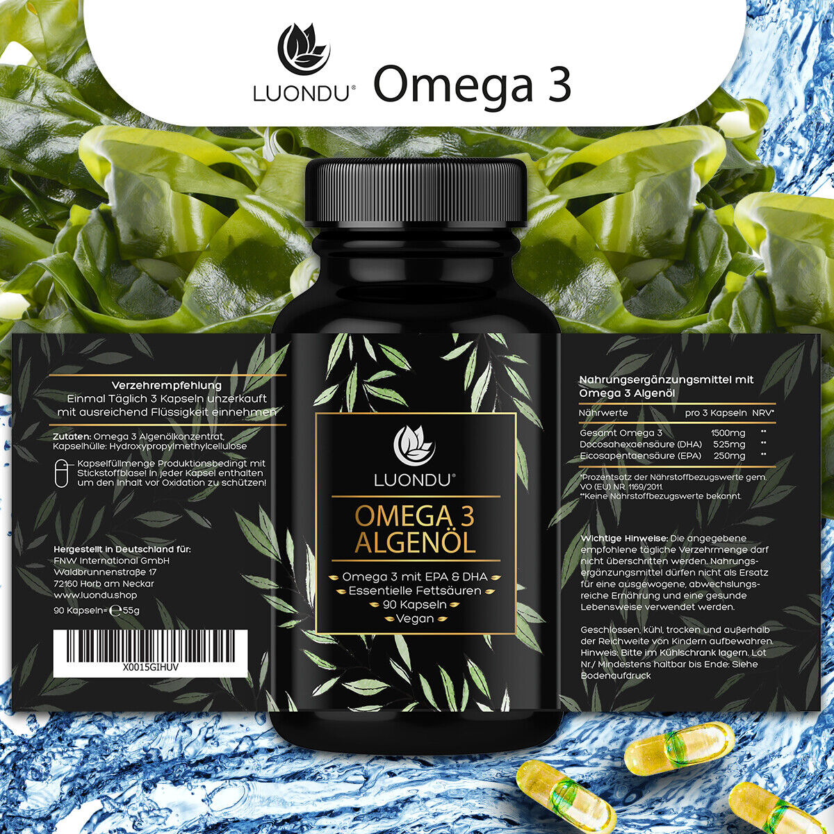 Luondu Omega 3 Algenöl Vegan 1500 mg - 90 Kapseln