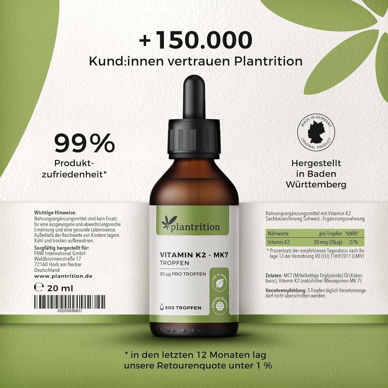 plantrition Vitamin K2 Öl Natürliches Menaquinon MK-7 600 Tropfen - 20 ML