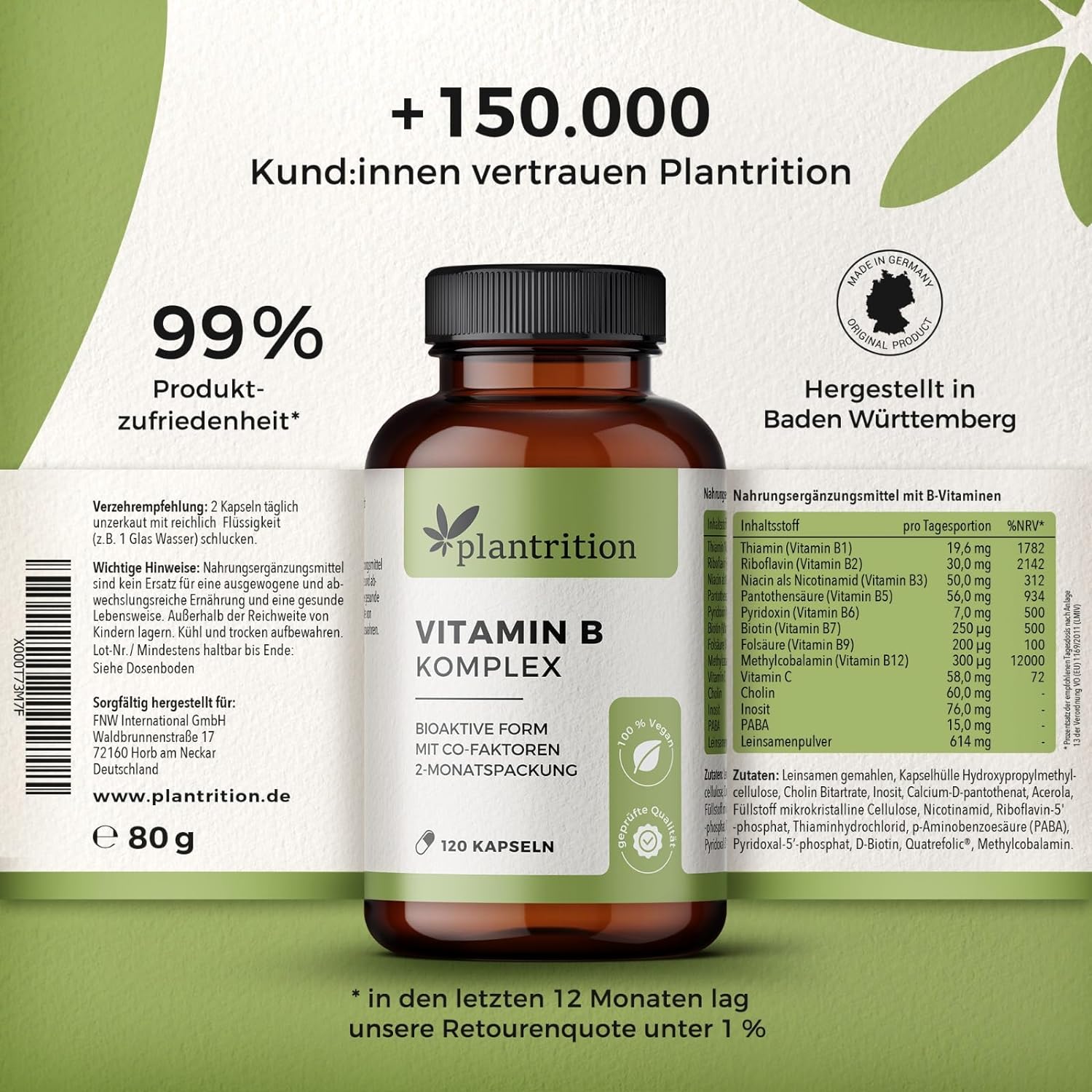 plantrition Vitamin B Komplex - 120 Kapseln