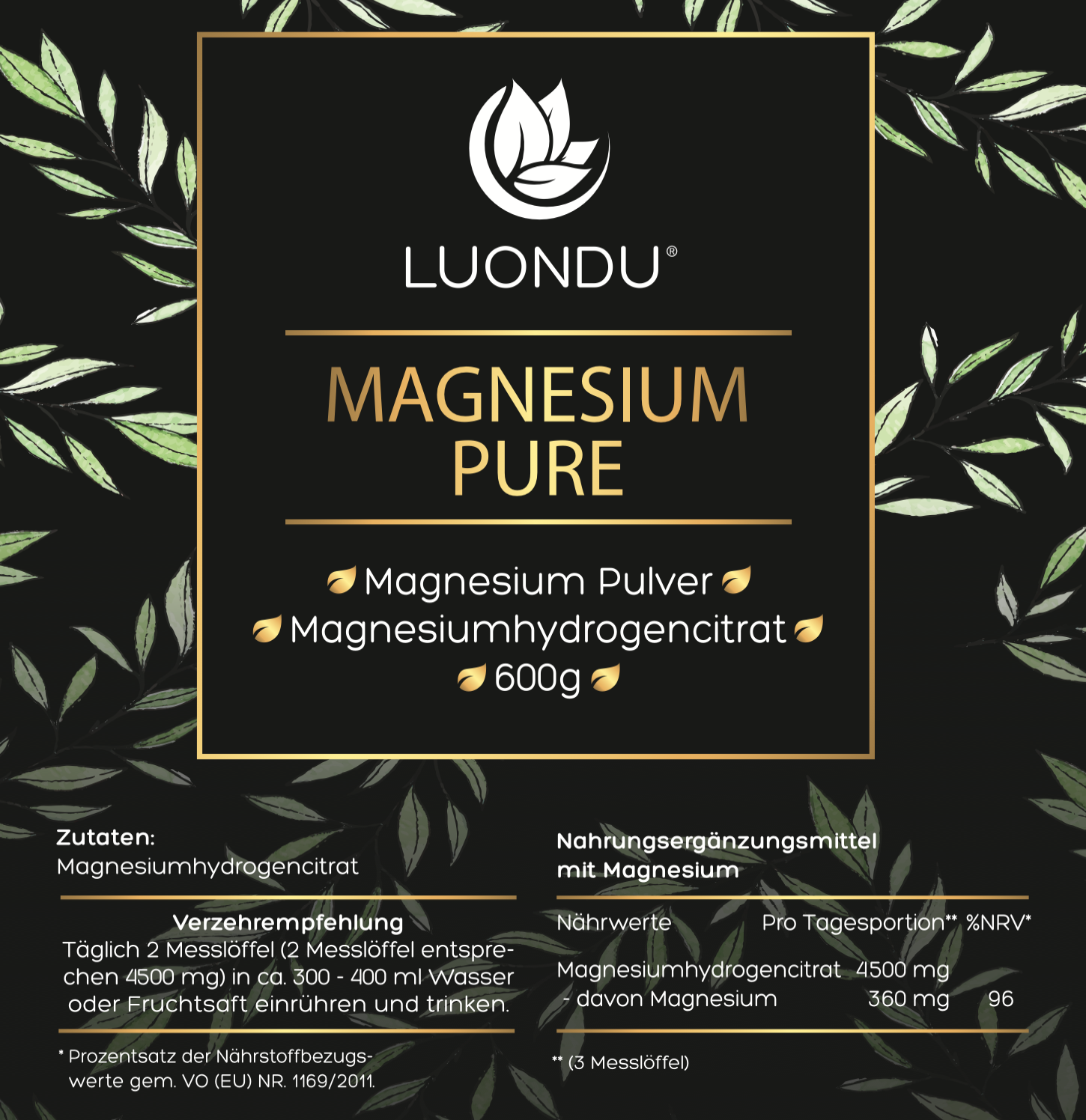 Luondu Magnesium Pure Pulver - 600g
