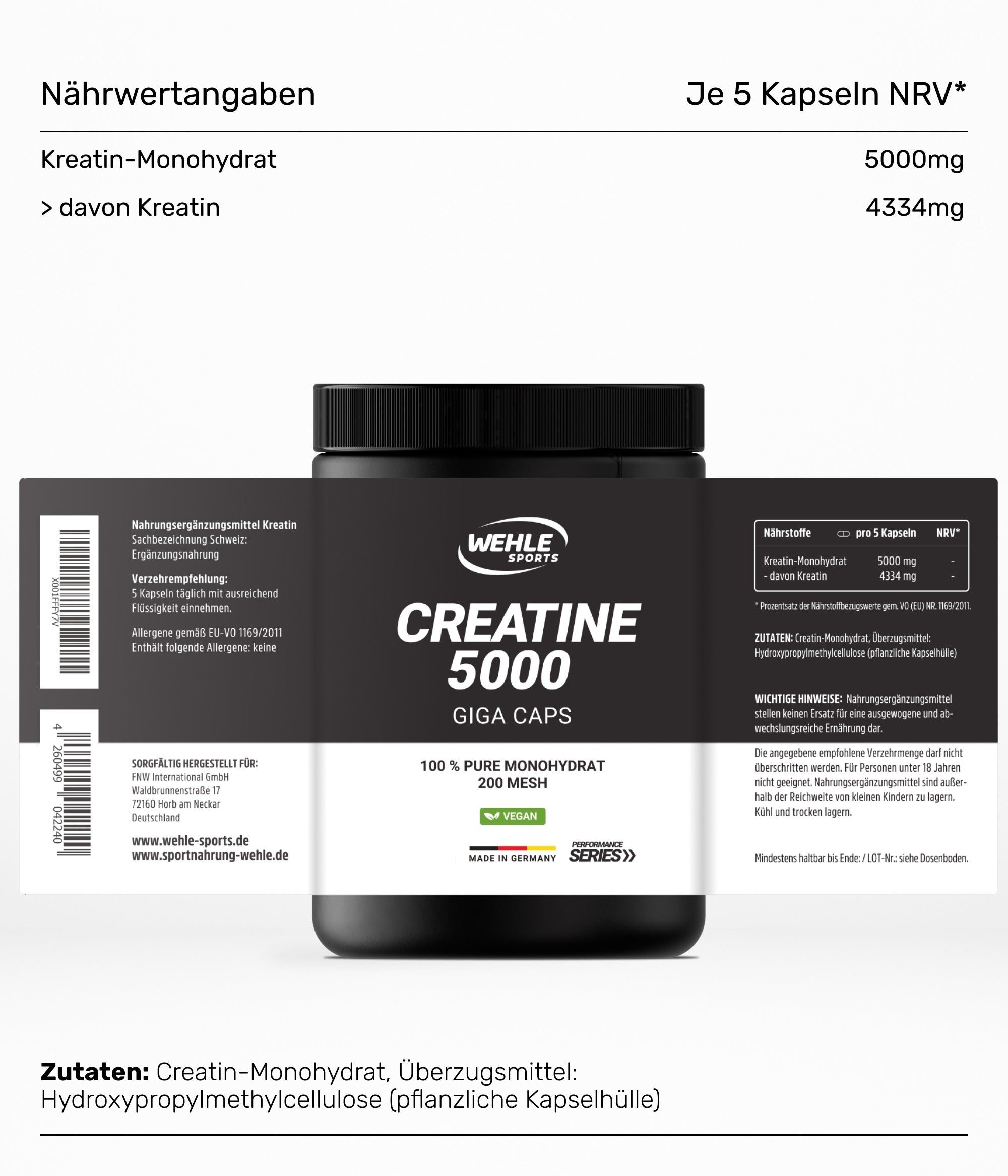 Wehle Sports Creatine Monohydrat Giga Caps - 600 Kreatin Kapseln
