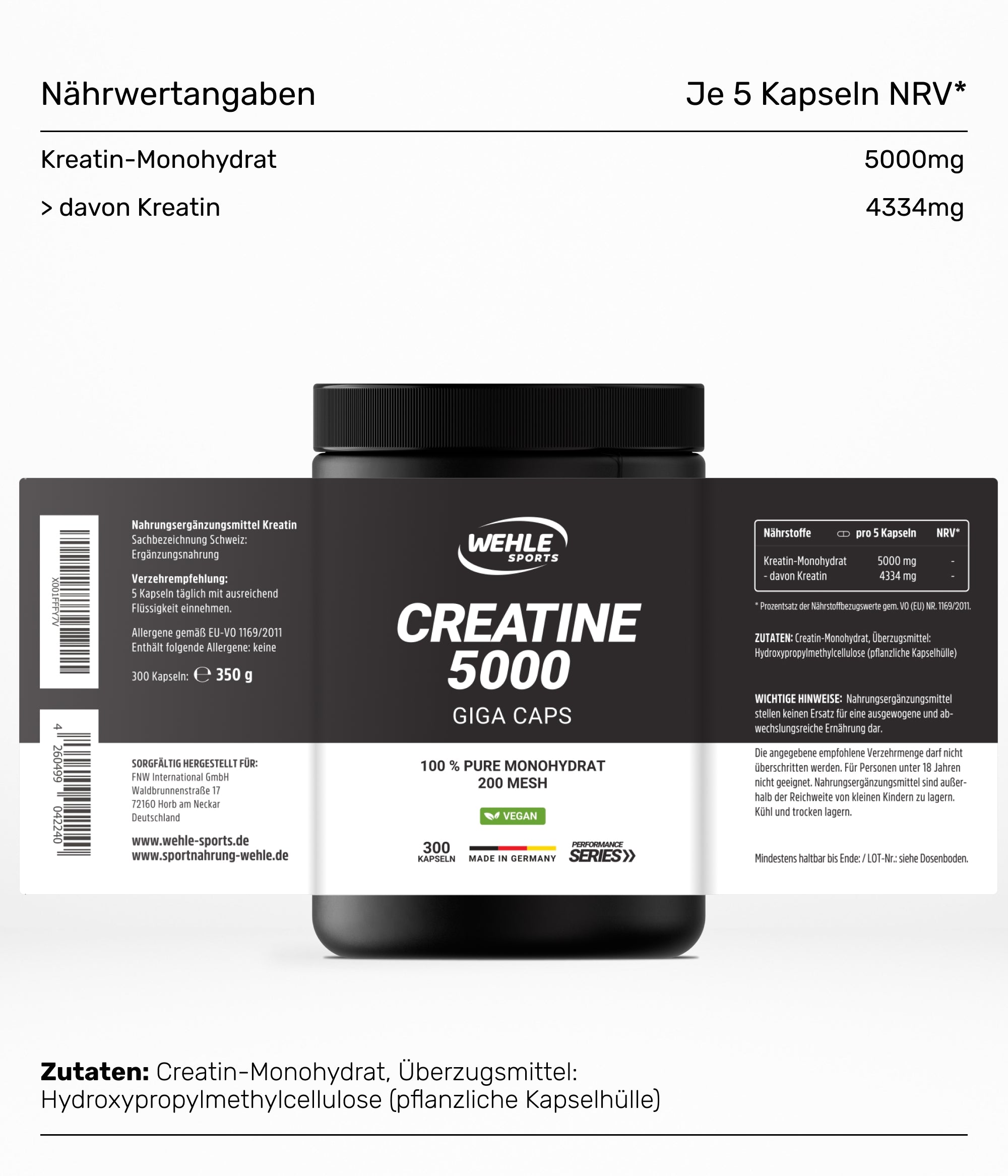 Wehle Sports Creatine Monohydrat Giga Caps - 300 Kreatin Kapseln