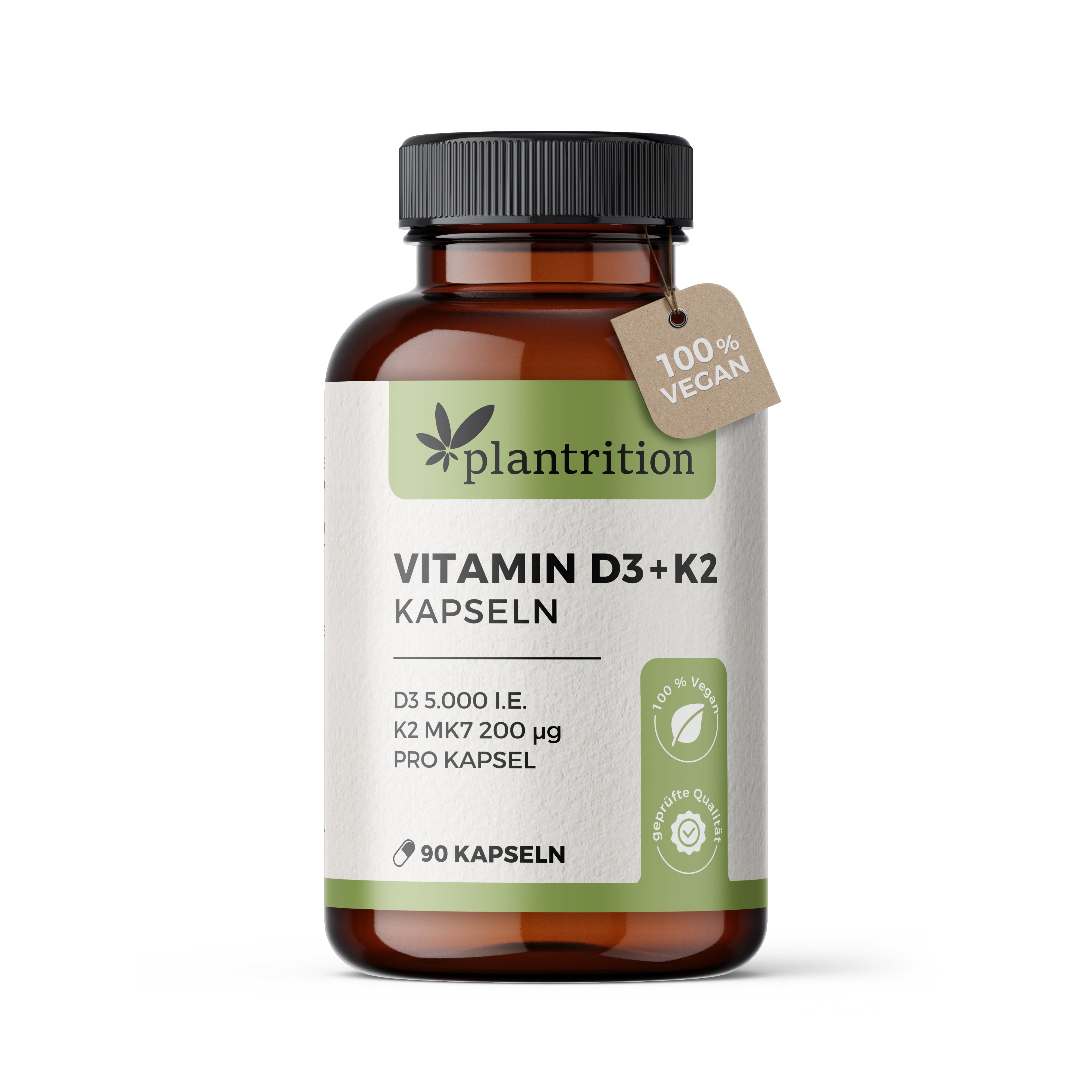 plantrition Vitamin D3 K2 Kapseln Vegan 5000 IE + 200mcg Vitamin K2 MK7 - 90 Kapseln