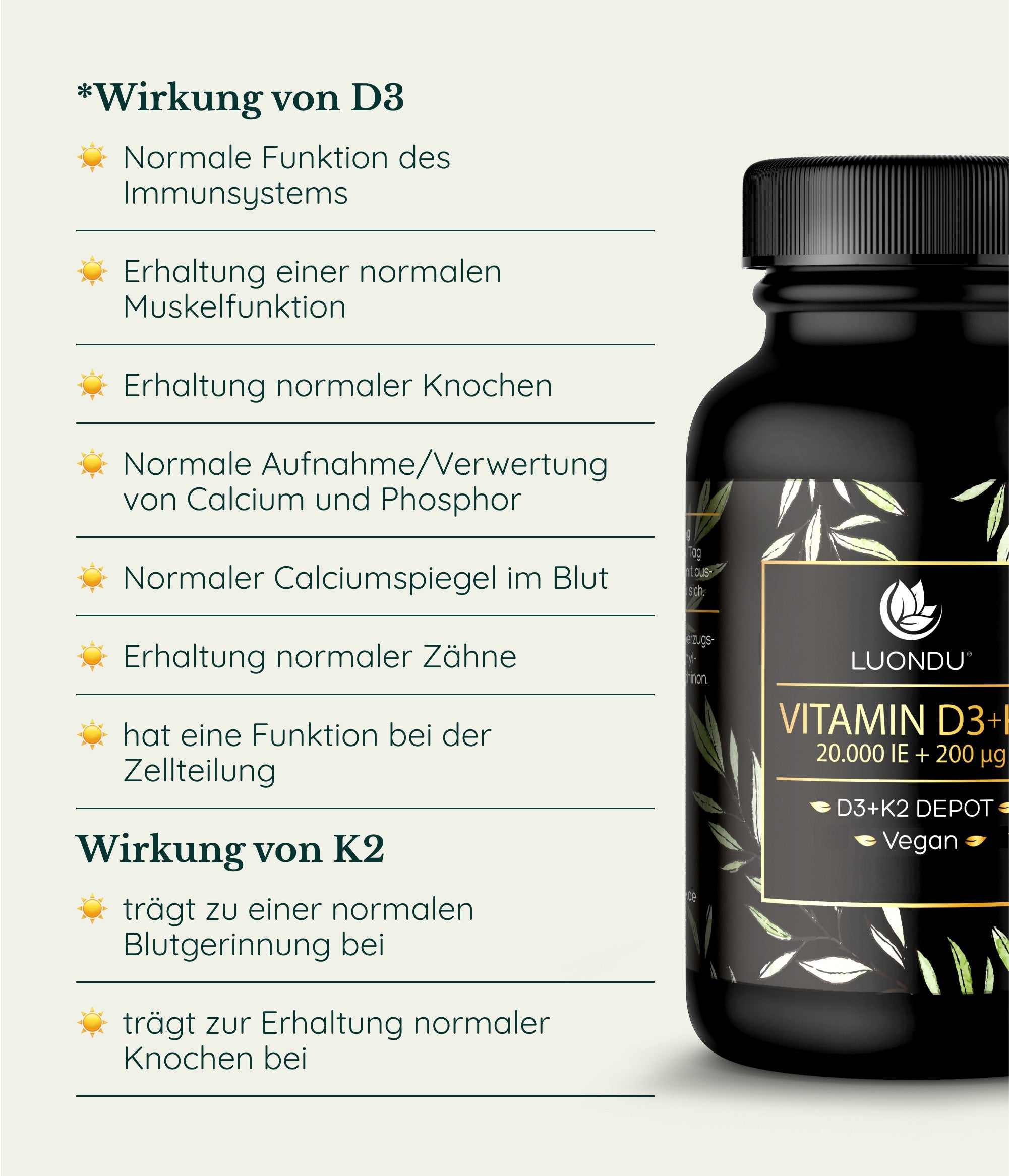 Luondu Vitamin D3 20.000 I.E + K2 MK7 200 mcg Depot - 30 Kapseln